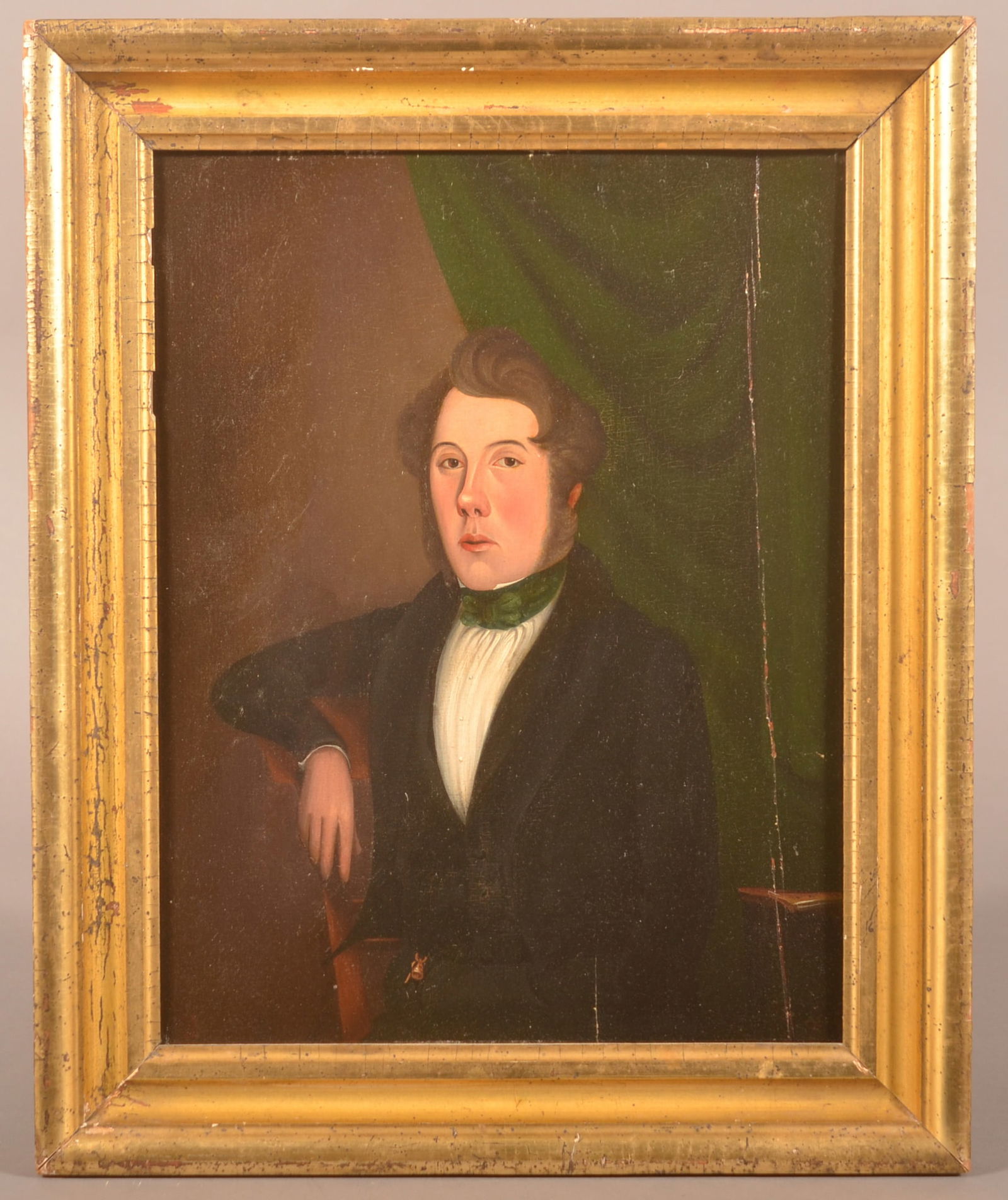 American Oil On Board Portrait of Gentleman.: 19th C. Found in Pennsylvania, most likely New England origin. Dated lower left corner 18/34. Gentleman has a bell and left hand is "hidden". Period frame. With frame, 18-1/2"h. x 15-1/8"w.