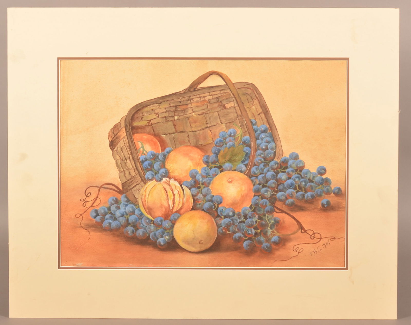 Watercolor Still Life Signed "E.W.S. 1908".: Depicts an overturned basket containing oranges and blueberries. On paper, matted and framed. 23-1/2" x 29-1/2" overall.
