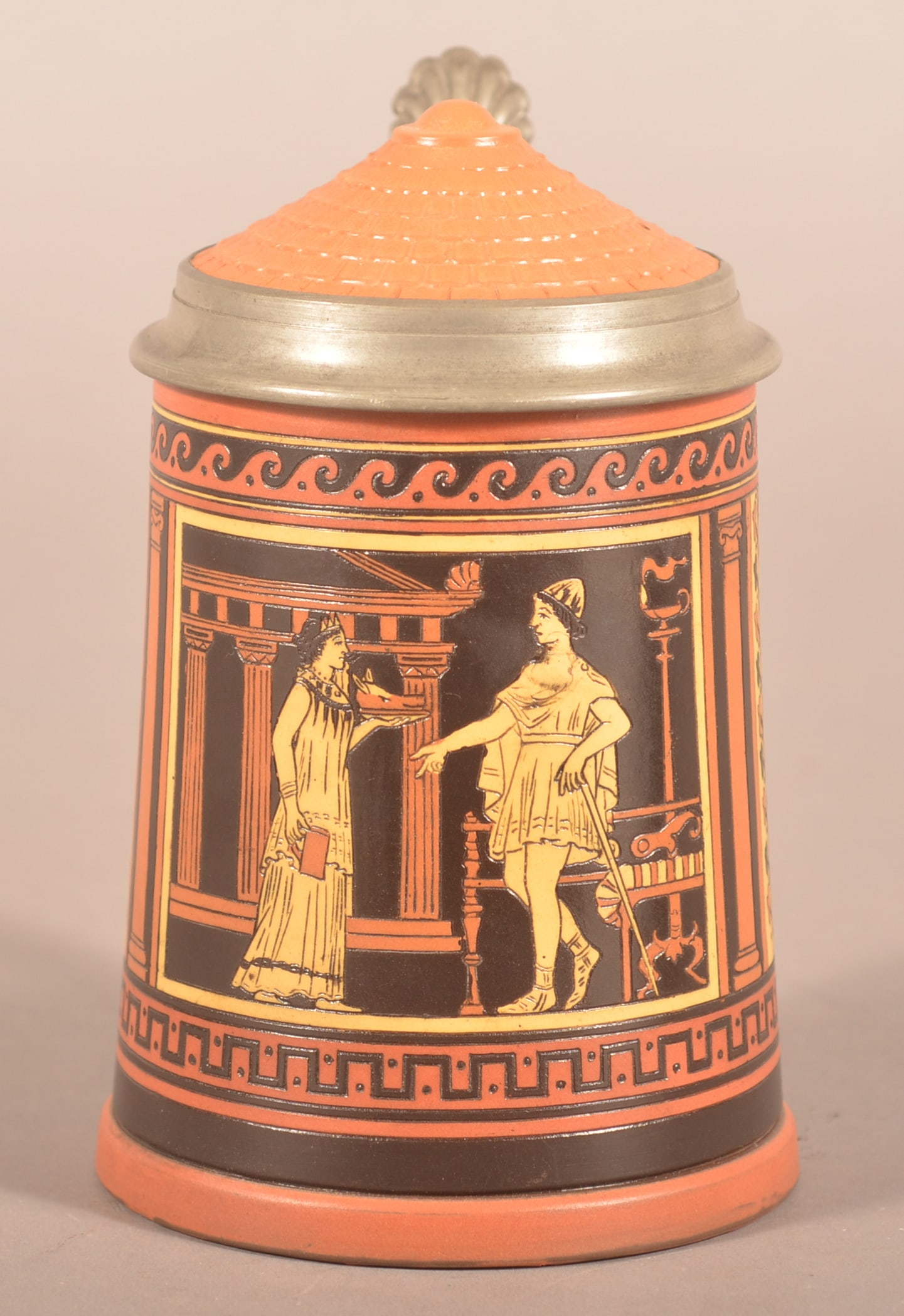 German Mettlach Grecian Man Being Served Stein. (1 of 6)