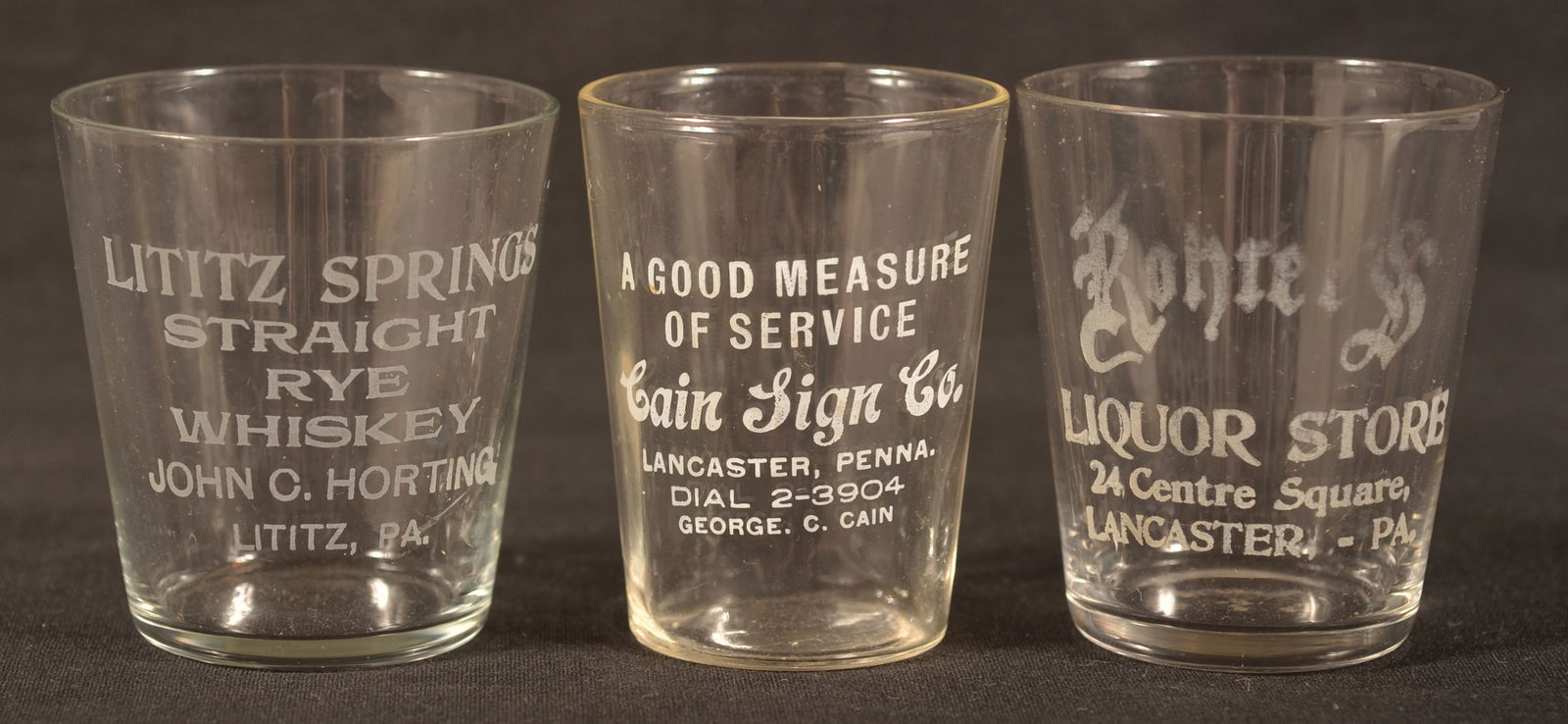 Three Antique PA Advertising Shot Glasses. (1 of 4)