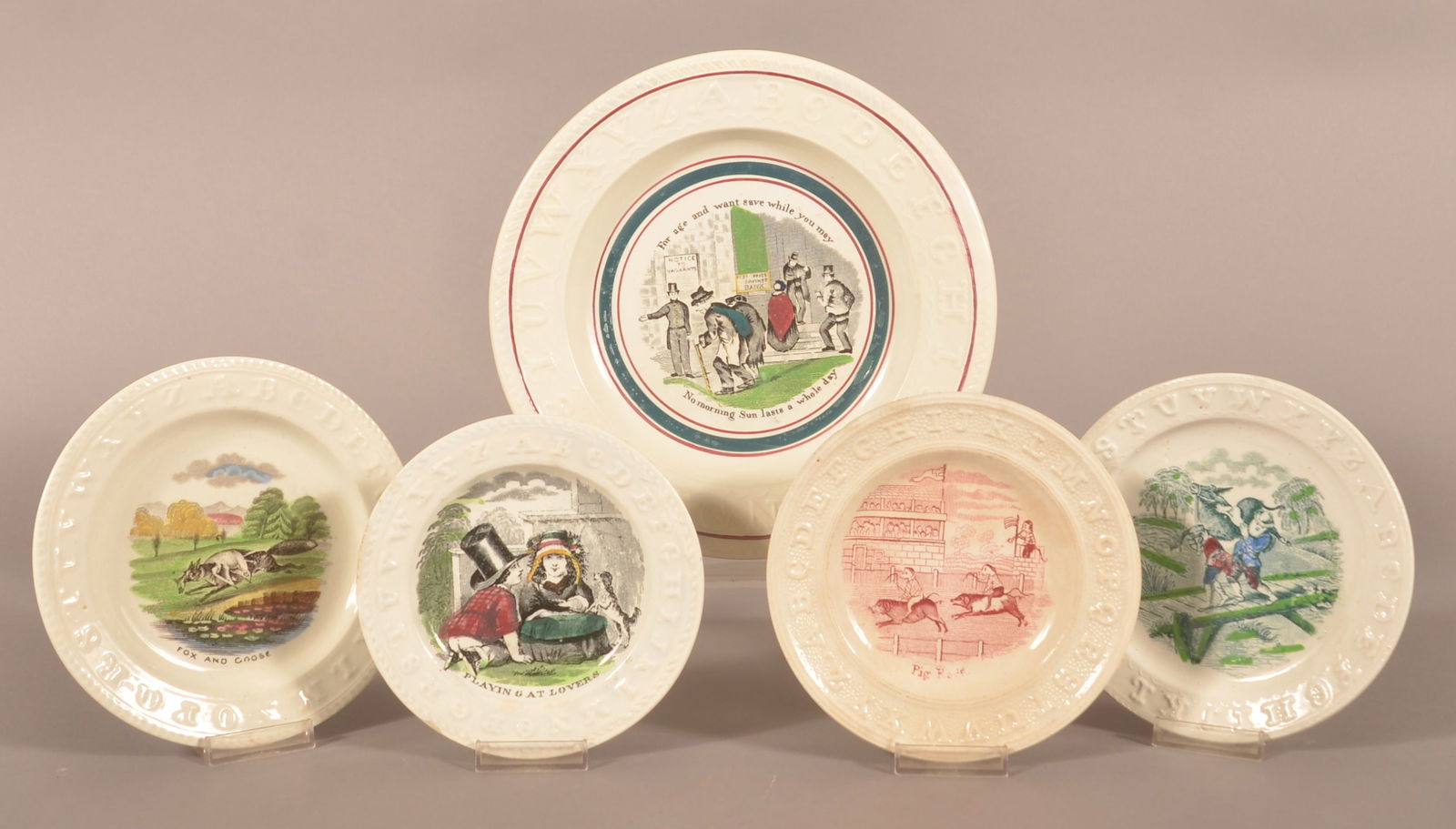 Five Staffordshire Transfer Alphabet Plates. (1 of 1)