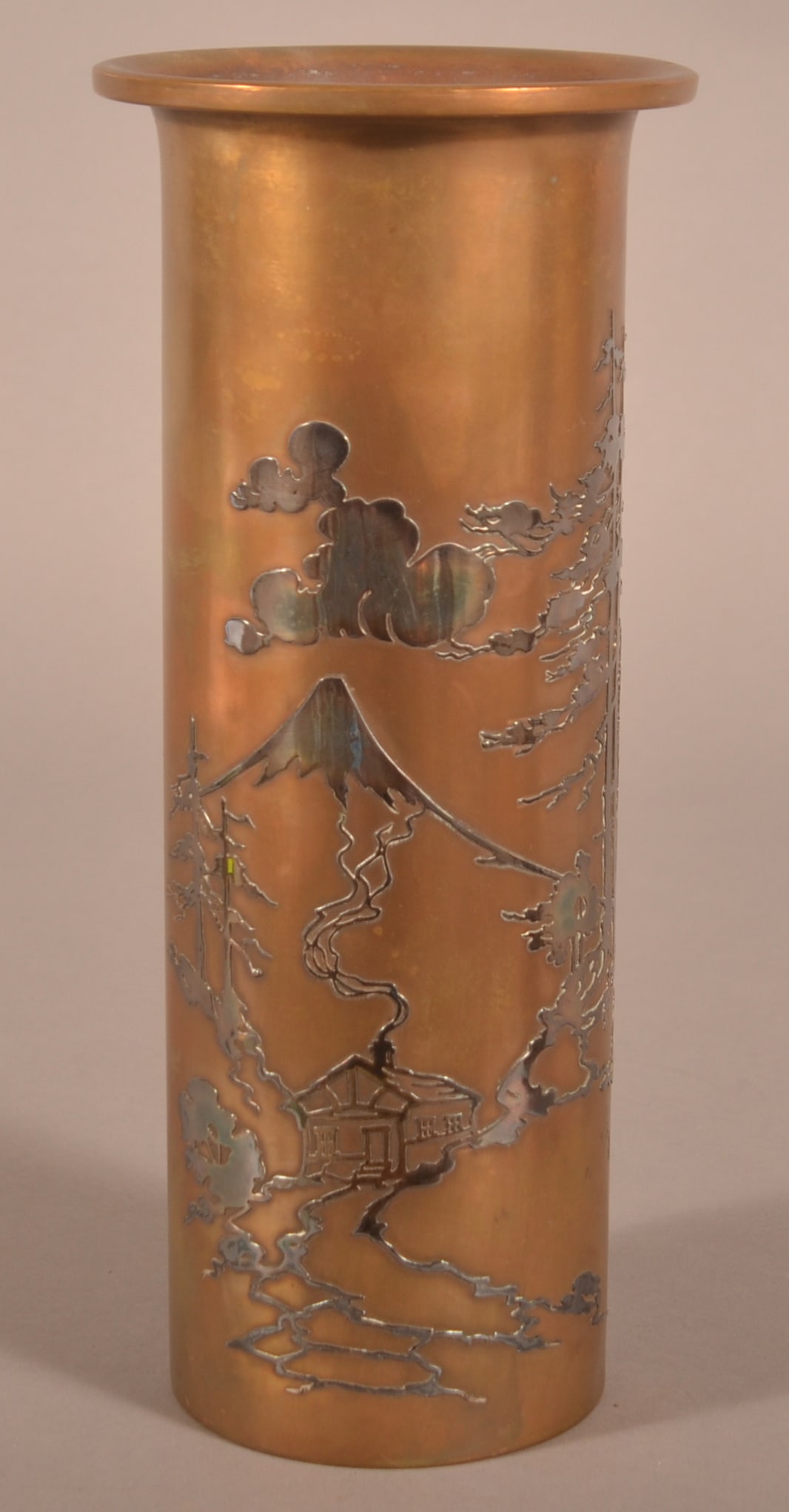 Heinz Sterling-on-Bronze Vase Pat. Aug. 27, 1912.: Unusual sterling overlay landscape design with cottage and volcano. Mold #3615B. 12"h. x 5-1/8" diam.