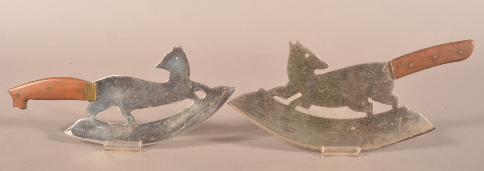 Two Antique Fox Silhouette Cleavers.: Both having wood handles fitted on tails. Largest, 5-1/2"h. x 13"l.