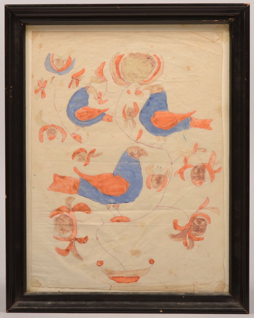 228. 19th Century Watercolor and Ink Drawing. Crudely D: 228. 19th Century Watercolor and Ink Drawing. Crudely Drawn and colored bird tree with tulips and urn. Blue, orange and brown watercolors. Image size 10 1/4"h. x 7 1/2"w., in a modern frame, 12 1/4"h.