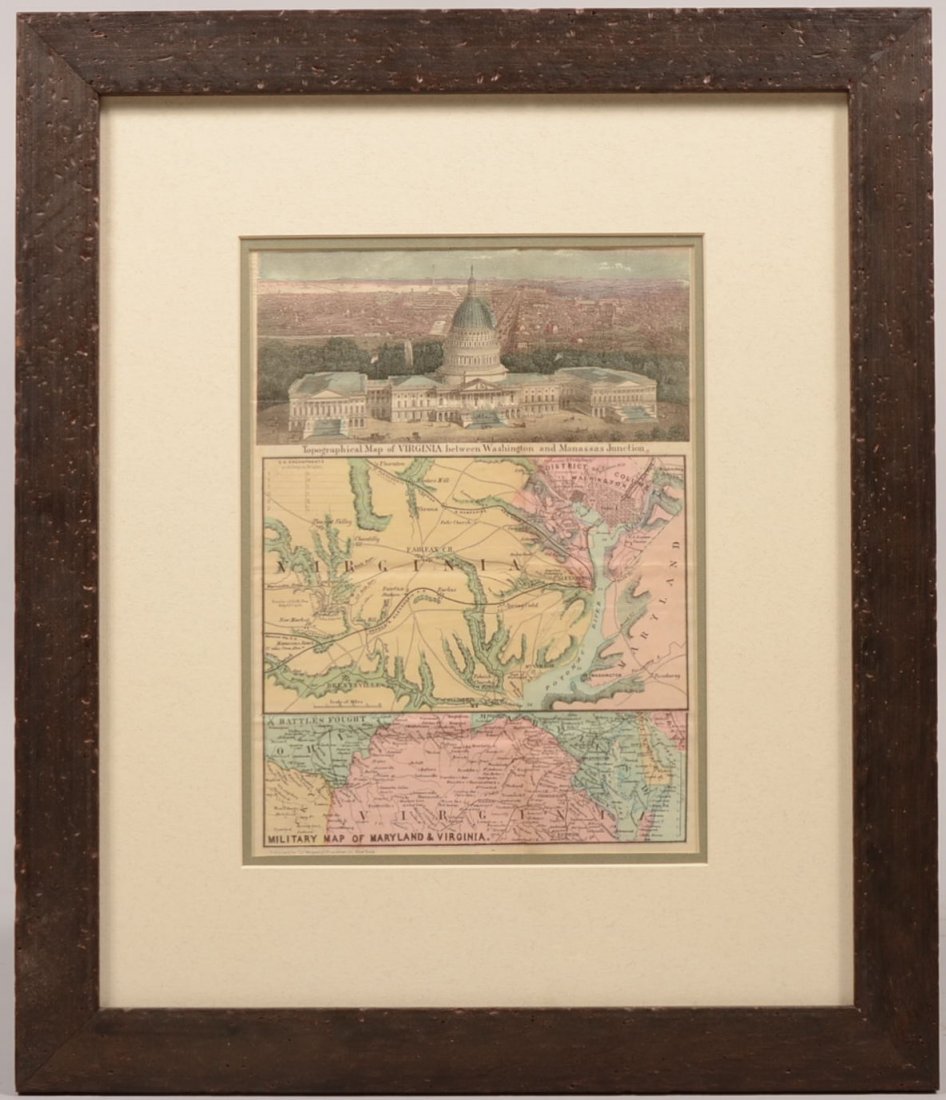 239. Civil War Letter on back of Colored Lithograph of: 239. Civil War Letter on back of Colored Lithograph of Washington D.C. and Military Map of Maryland and Virginia. Published by Charles Magnus, New York. Topographical map of Virginia between Washingto