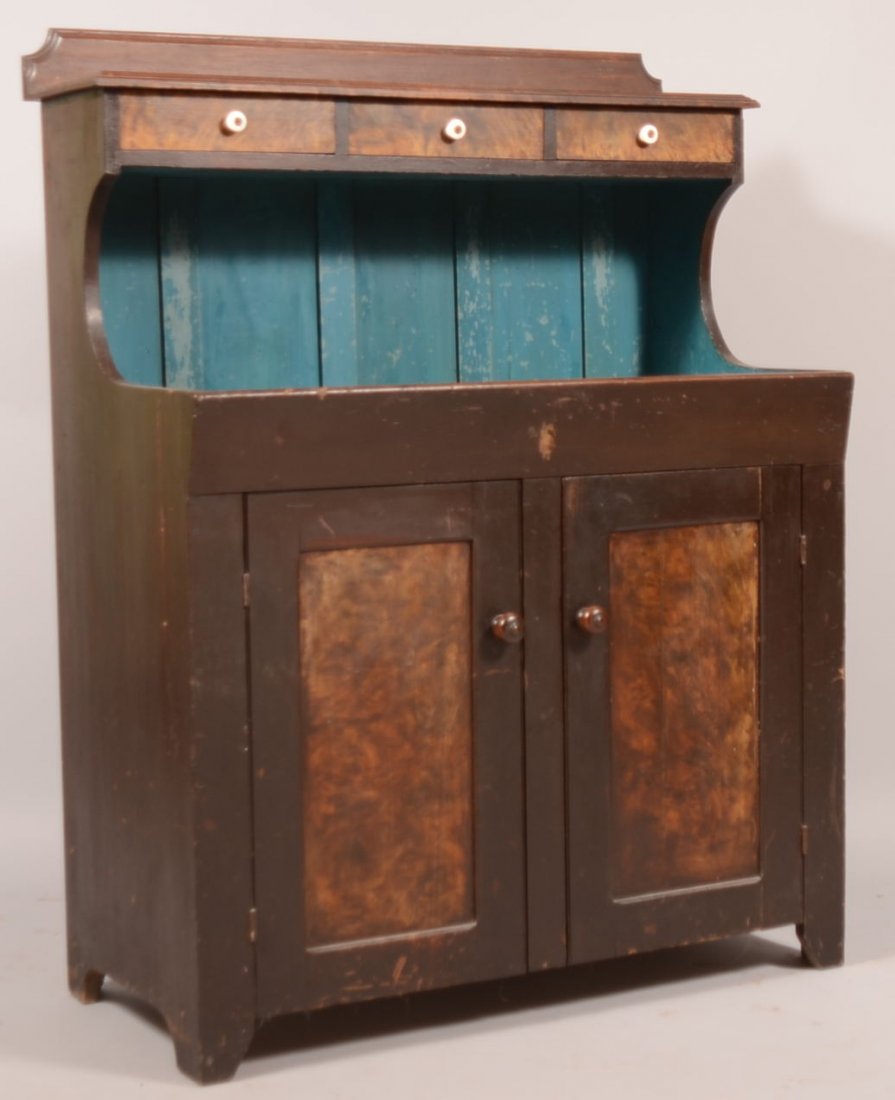 270. Pennsylvania 19th Century Paint Decorated Softwood: 270. Pennsylvania 19th Century Paint Decorated Softwood Hooded Drysink. Molded cut corner splash back, Three split upper dovetailed drawers above an open sink compartment, two lower paneled doors, int