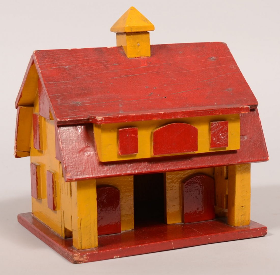 389. Early 20th Century Wooden Barn Model. Red and yell: 389. Early 20th Century Wooden Barn Model. Red and yellow chrome painted with brown ramp. 9 1/2"h. x 9"w. x 11"d. Condition: Very good with minor wear.