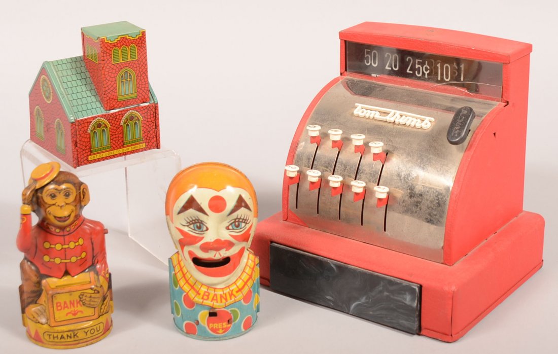 466. Lot of Four Toy Banks. Three J. Chein tin litho. B: 466. Lot of Four Toy Banks. Three J. Chein tin litho. Banks; monkey tipping hat, 5 1/4"h., clown with articulated tongue, 5"h., church still bank, "h. and "Tom Thumb" cash register, 7 1/2"h. Good with