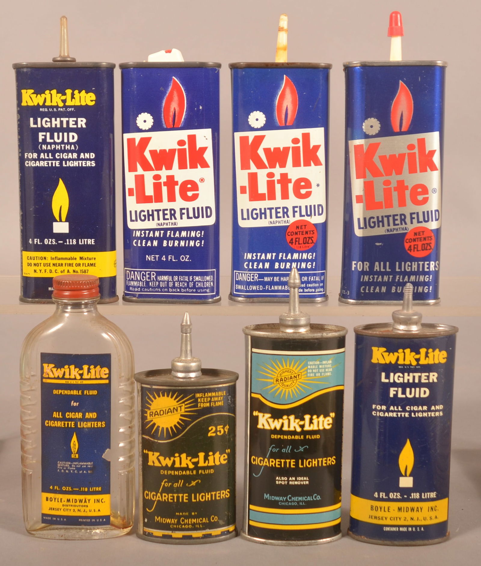 Collection Kwik Lite Handy Oilers.: Collection includes three lead top, three plastic top, one flip top and one labeled bottle, eight total. Made for the Midway Chemical Co, Chicago, IL Tallest, 6-1/4"