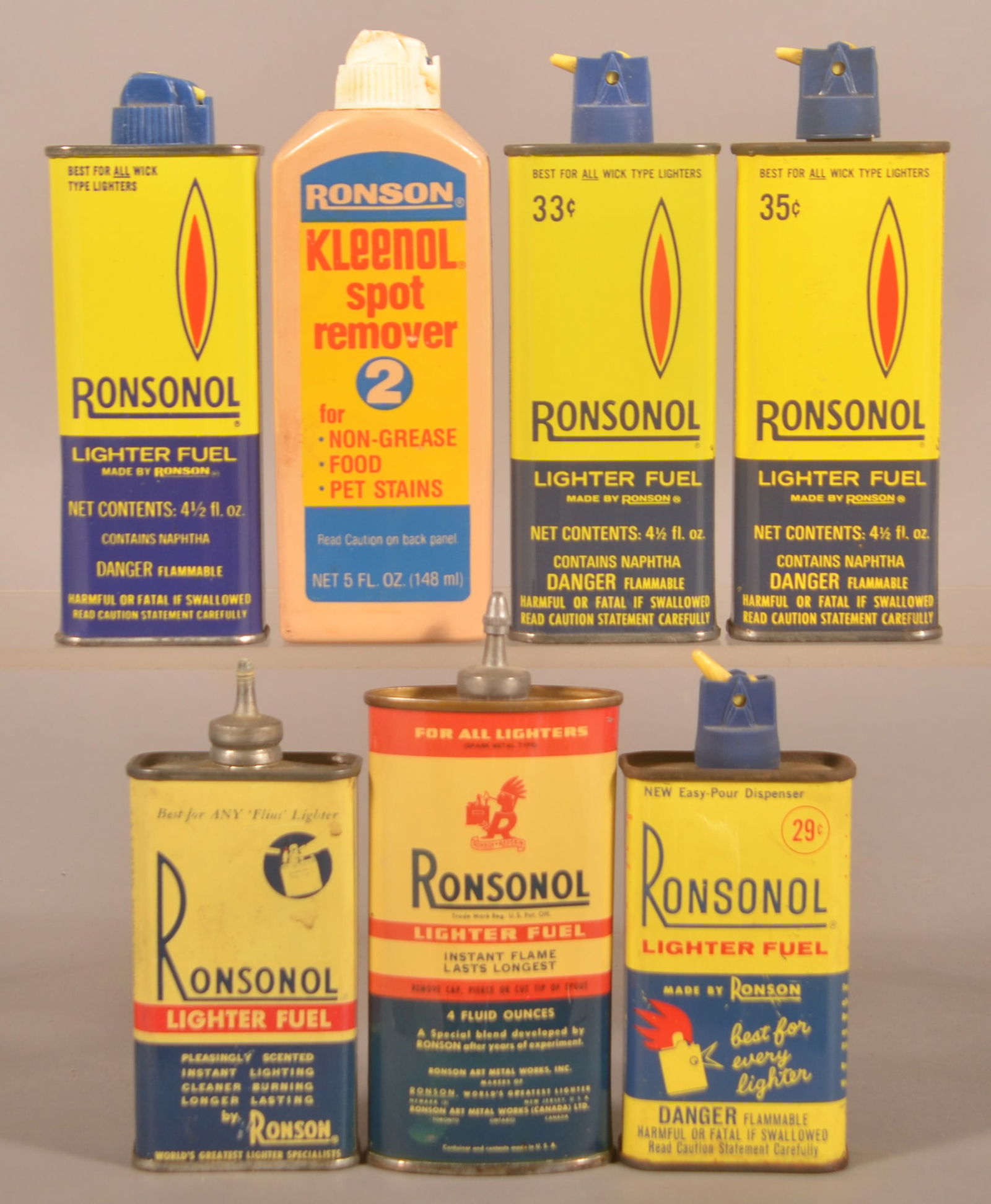 Ronsonol Lighter Fuel Handy Oilers.: Group of seven total including two lead top, four tin with plastic top and one plastic bottle. Tallest, 5-3/4"