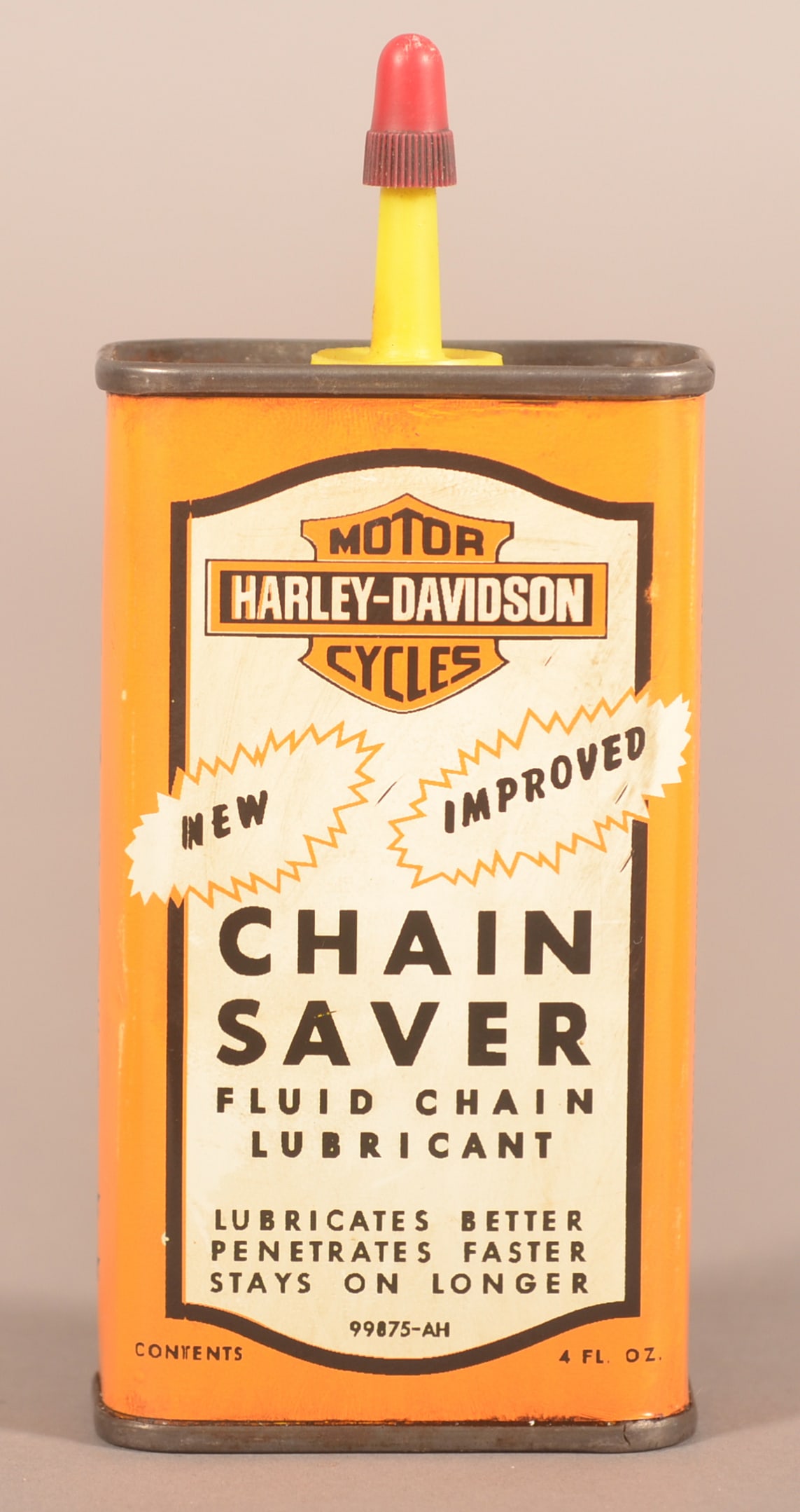 Vintage Harley-Davidson Motorcycle Handy Oiler.: Plastic top chain saver oiler. Noted it is "Specially compounded and packaged for Harley-Davidson Motor Co Milwaukee, Wisconsin". 4 oz can. 5"H