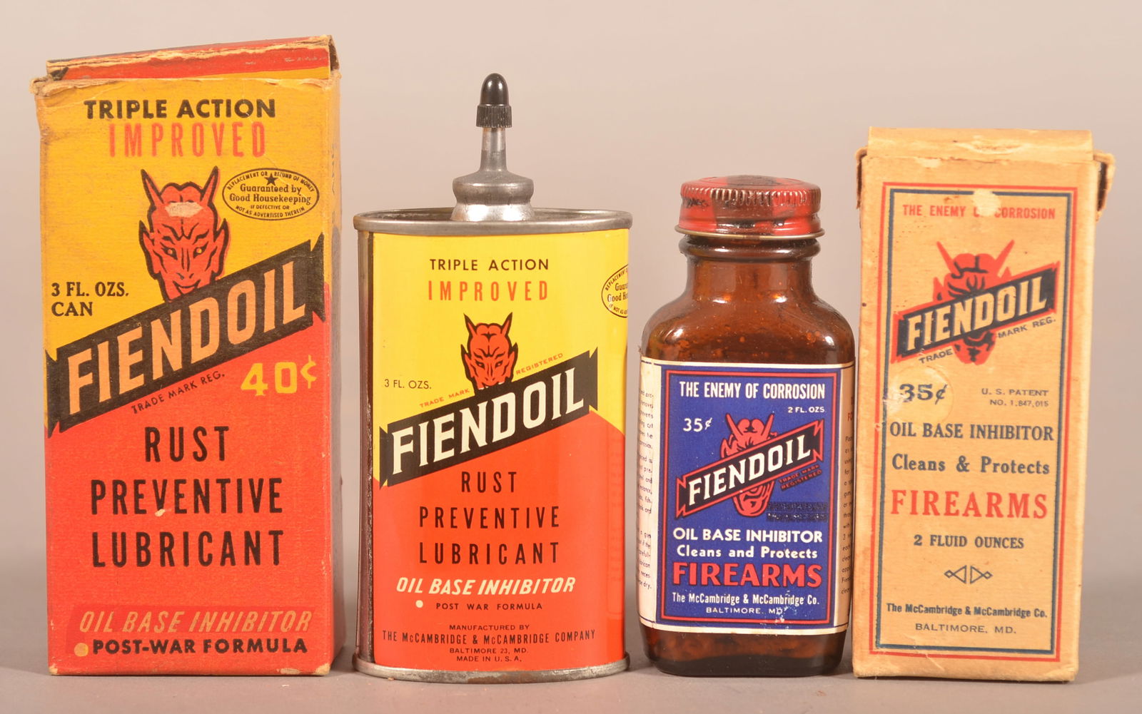 Fiendoil Handy Oiler and Firearms Bottle.: Handy Oiler in original box and Firearms bottle with paper label in original box. Both with sharp colors and nice condition. Oiler with box, 4-5/8"H. Bottle with box, 4-1/8"H