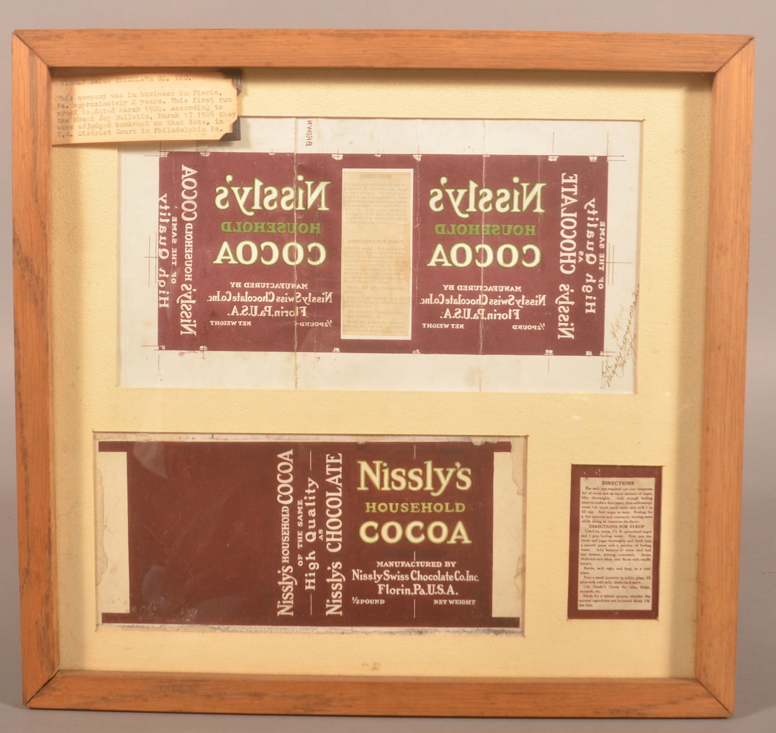 Nissly's Household Cocoa Labels Florin, PA.: Rare framed artist proof examples, one dated 3/18/24. Provenance: James Hoffman Collection. With frame, 16"H x 16-3/4"W