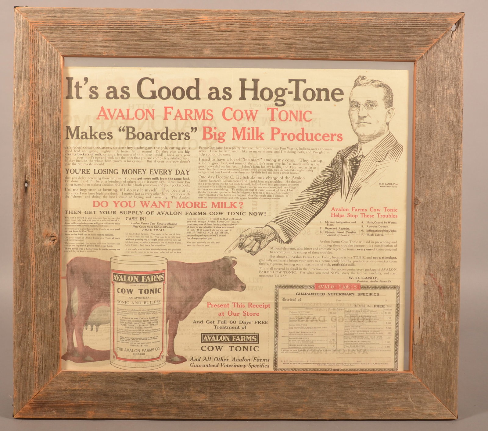 Avalon Farms Cow Tonic Veterinary Advert. Poster.: Nicely framed so both sides are visible. From the Avalon Farms Co in Chicago, IL. Ca. 1920s. 24-3/4"H x 26-3/4"W