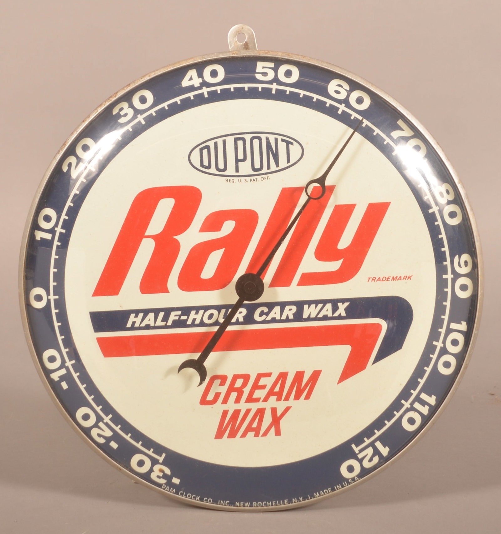 1960s DuPont Rally Car Wax Thermometer.: Very nice 1960s thermometer made by PAM Clock Co, New Rochelle, NY. 12"D