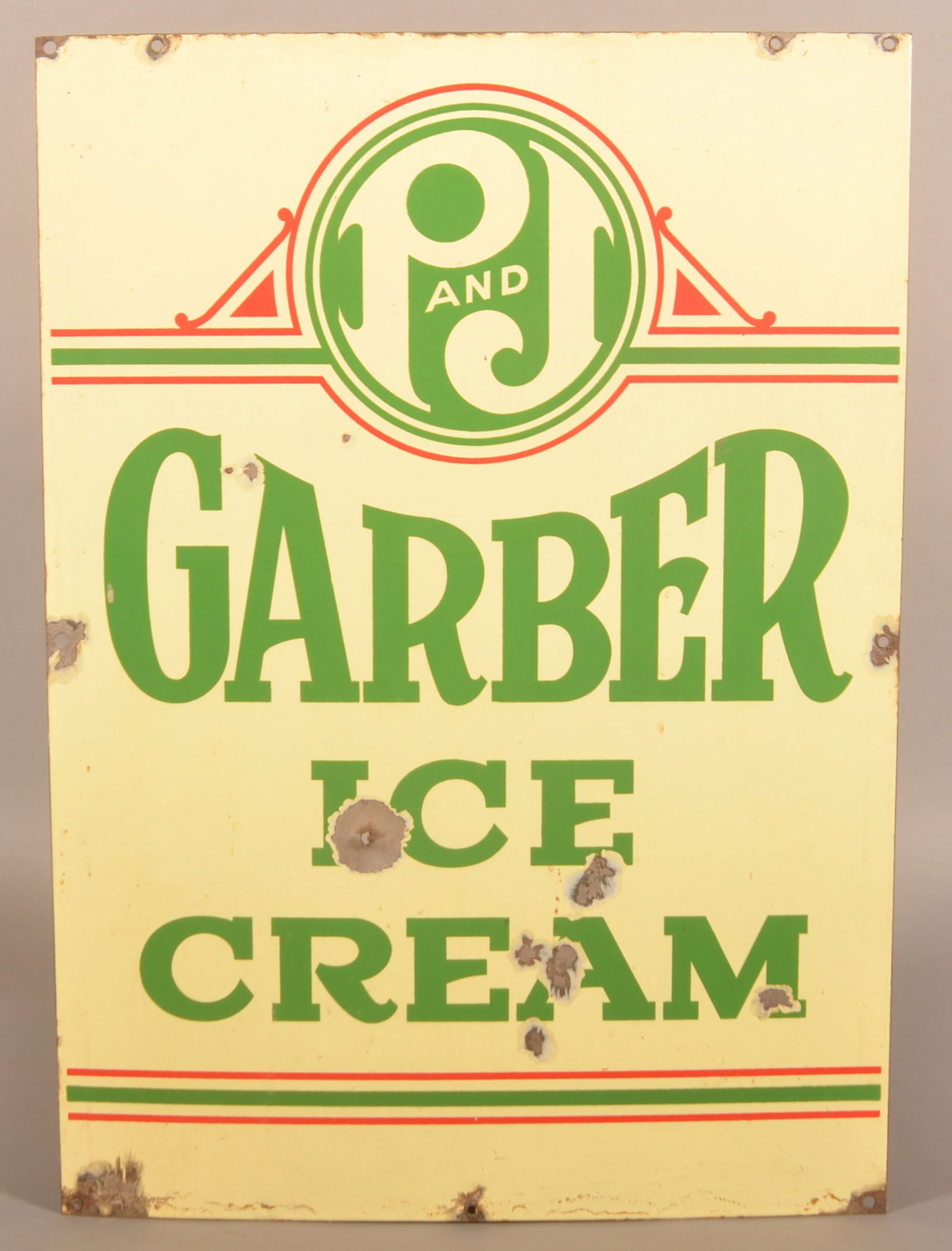 Double-Sided Porcelain P&J Garber Ice Cream Sign.: Great colors and good gloss with an art deco appearance. Provenance: James Hoffman Collection. 28"H x 20"W