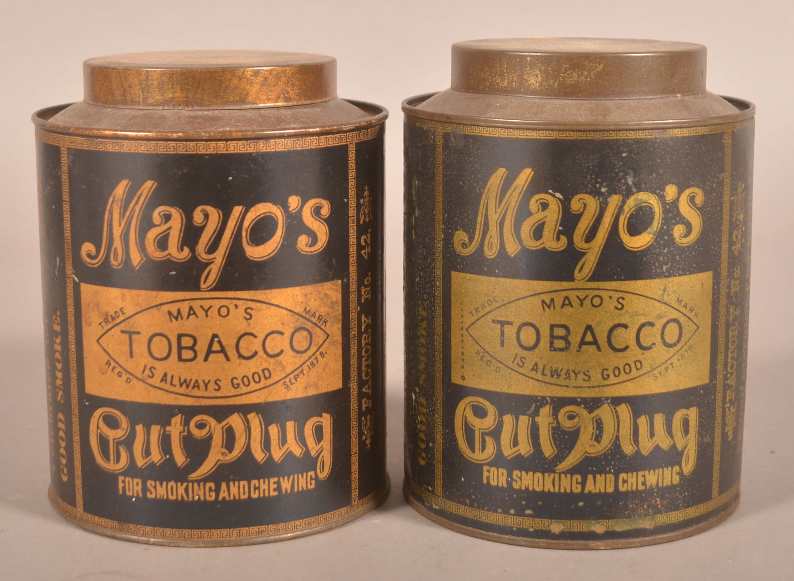 Mayo's Tobacco 1 lb. Tins "Sugar & Beans".: Same as above and part of a larger collection being offered here for the first time in many years. Each 6-1/4"H x 4-3/4"D