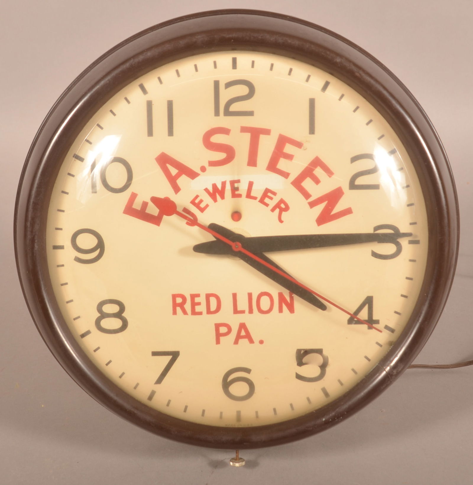 E.A. Steen Jeweler Red Lion PA Advertising Clock.: 1930s hand-painted dial face. Painter covered over "General Electric" when the painting was done. 14-1/2"D