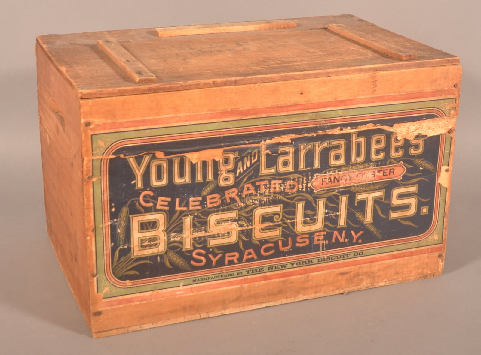 Young & Larrabees Paper Label Biscuit Display Box.: Labels on exterior and interior of lid in nice red/white/blue colors. From the NY Biscuit Co, Syracuse, NY. Shipped to a store in Elmira, NY which is stenciled on the lid. 14"H x 21-1/2"W x 13-3/4"D