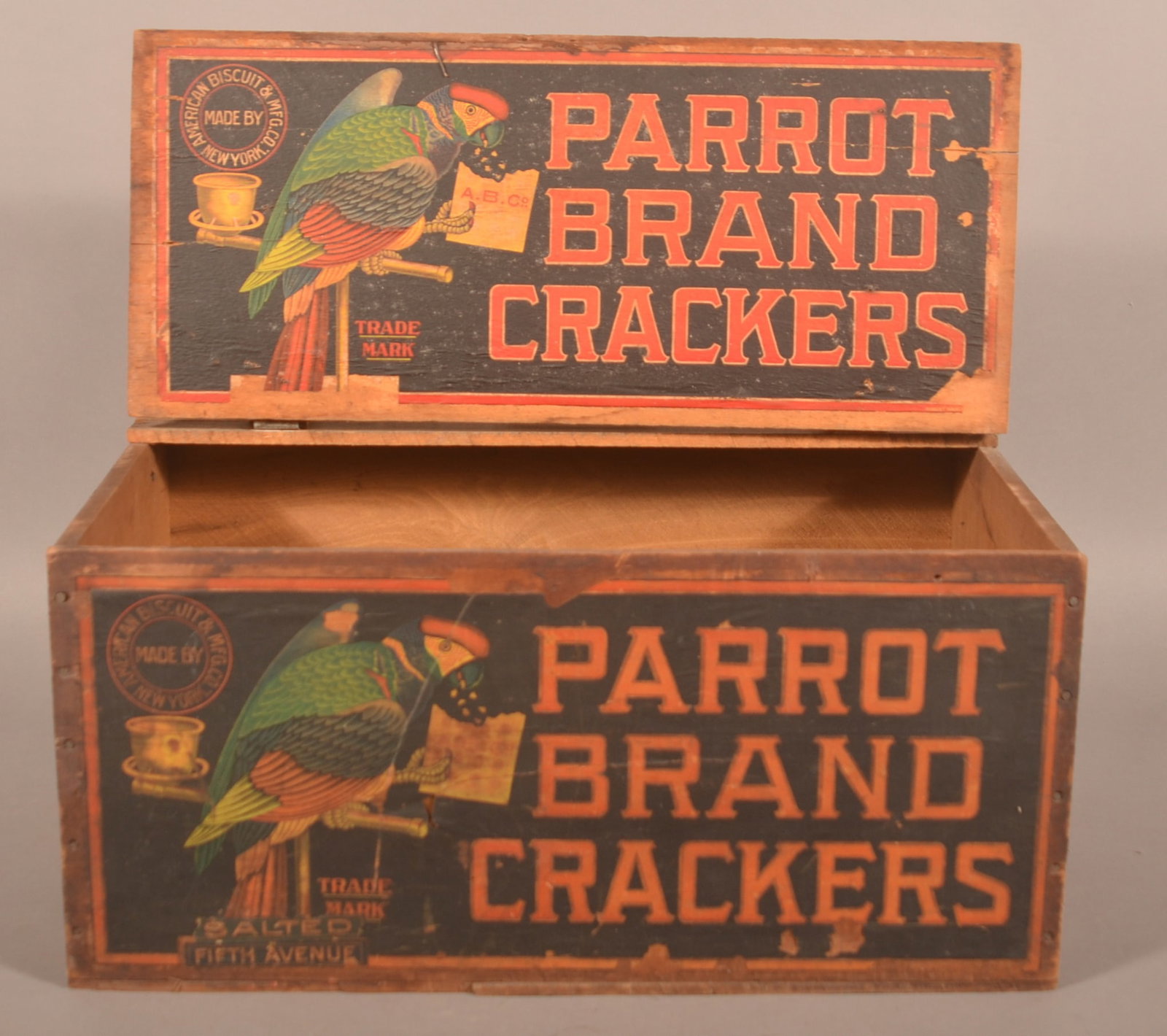 Excellent Parrot Brand Crackers Display Box.: Excellent colors and graphics, box complete with both exterior and interior paper labels. Provenance: James Hoffman Collection. 12"H x 23"W x 14"D
