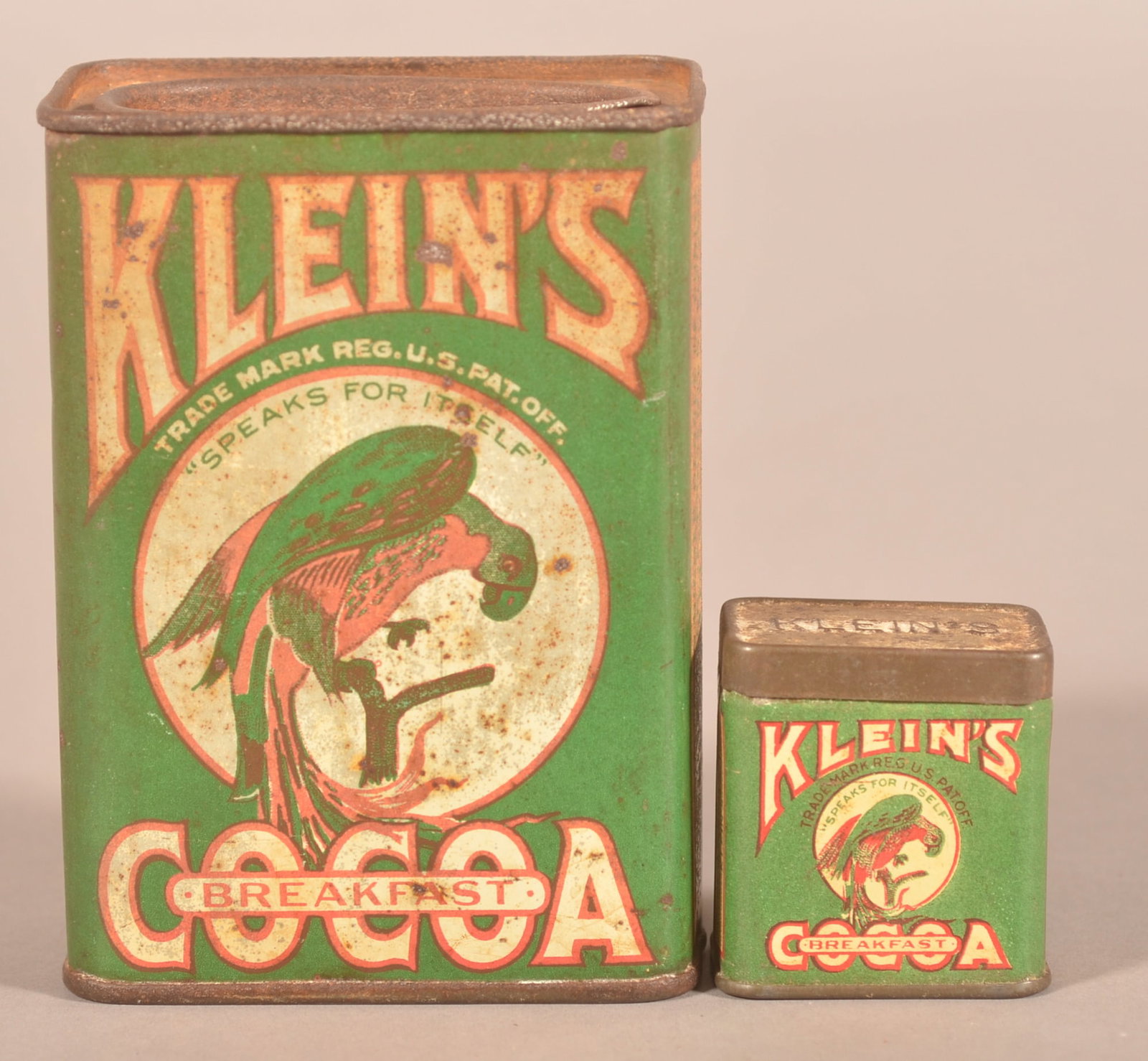 Klein's Sample and 1/2 lb. Tins w/ Parrot Logo.: Nice early tins. The 1/2 lb. tin being difficult to find in any condition. Provenance: James Hoffman Collection. 1/2 lb. tin, 4-1/2"H x 3-1/4"W x 2-1/8"D