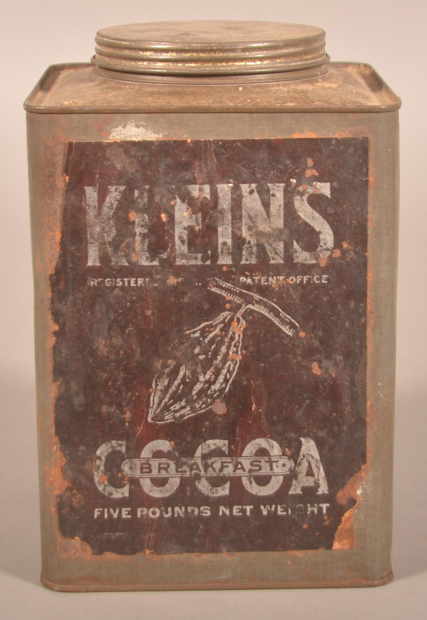 Rare Square 5 lb. Paper Label Klein's Cocoa Tin.: Screw top lid, paper labels on two sides. Rare survivor. Provenance: James Hoffman Collection. 9"H x 6"W x 6"D