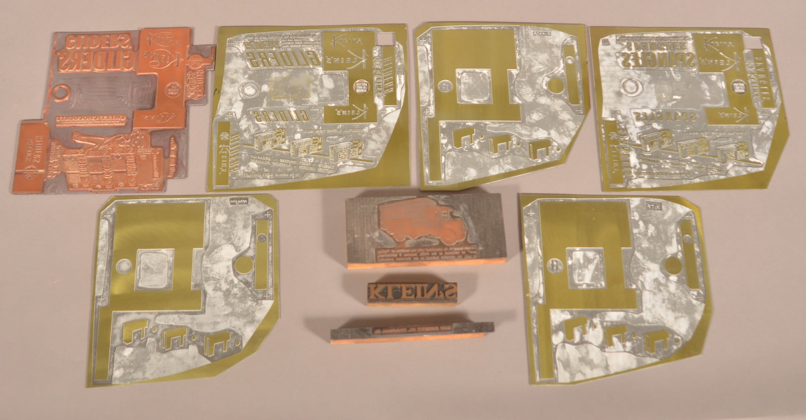 Collection Klein's Chocolate Printing Plates.: Nice group of both brass and copper plates. Nine plates total. Provenance: James Hoffman Collection. Largest, 9" x 9-3/4"