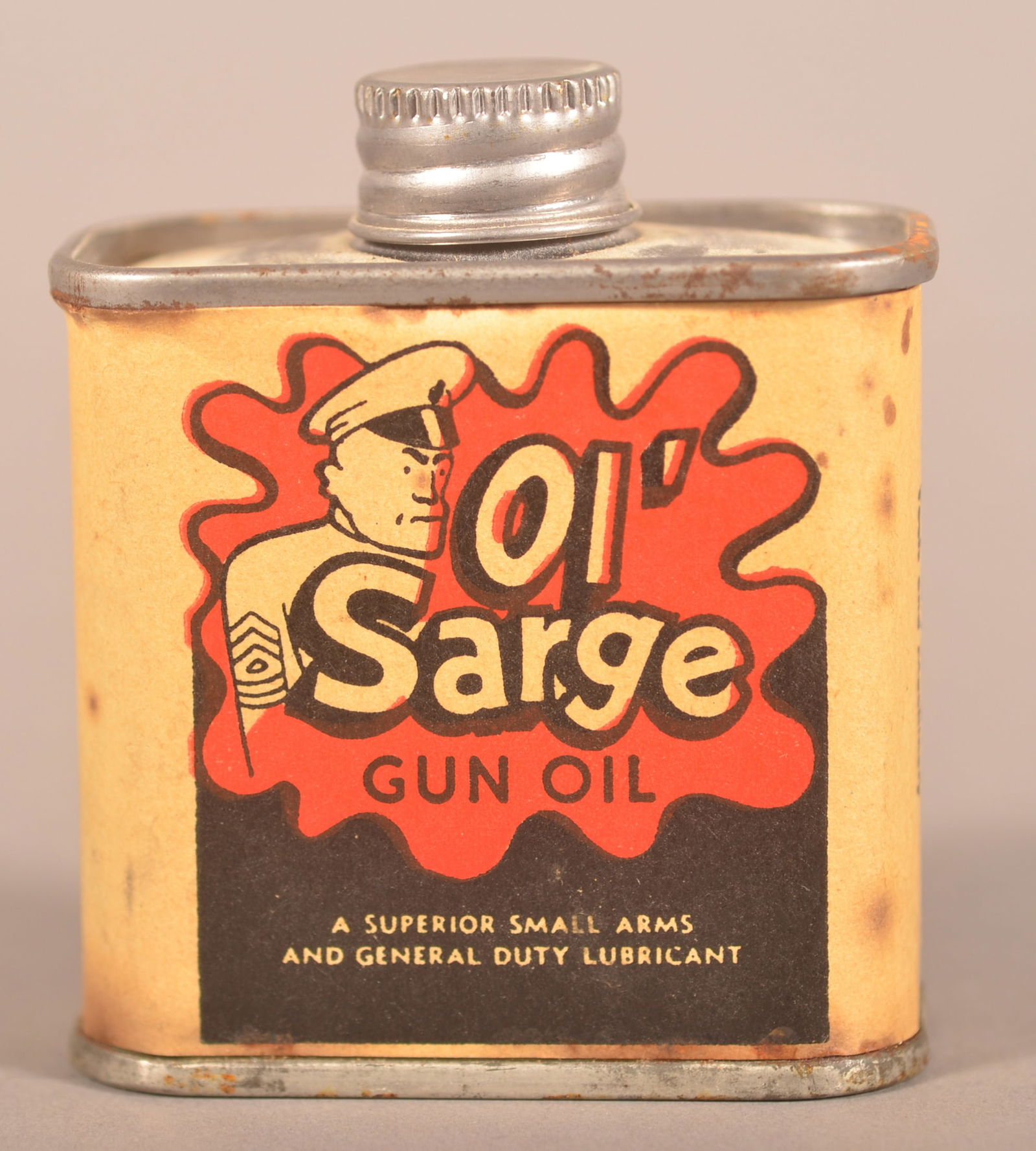 "Ol' Sarge" Paper Label Screw Top Handy Oiler.: Nice vintage can from the Universal Engineering Co, San Diego, CA. 2-1/2"H