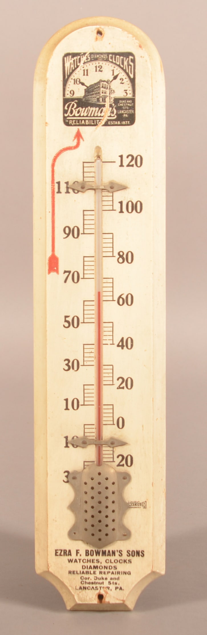 Early Wood Bowman's Clocks & Watches Thermometer. (1 of 4)