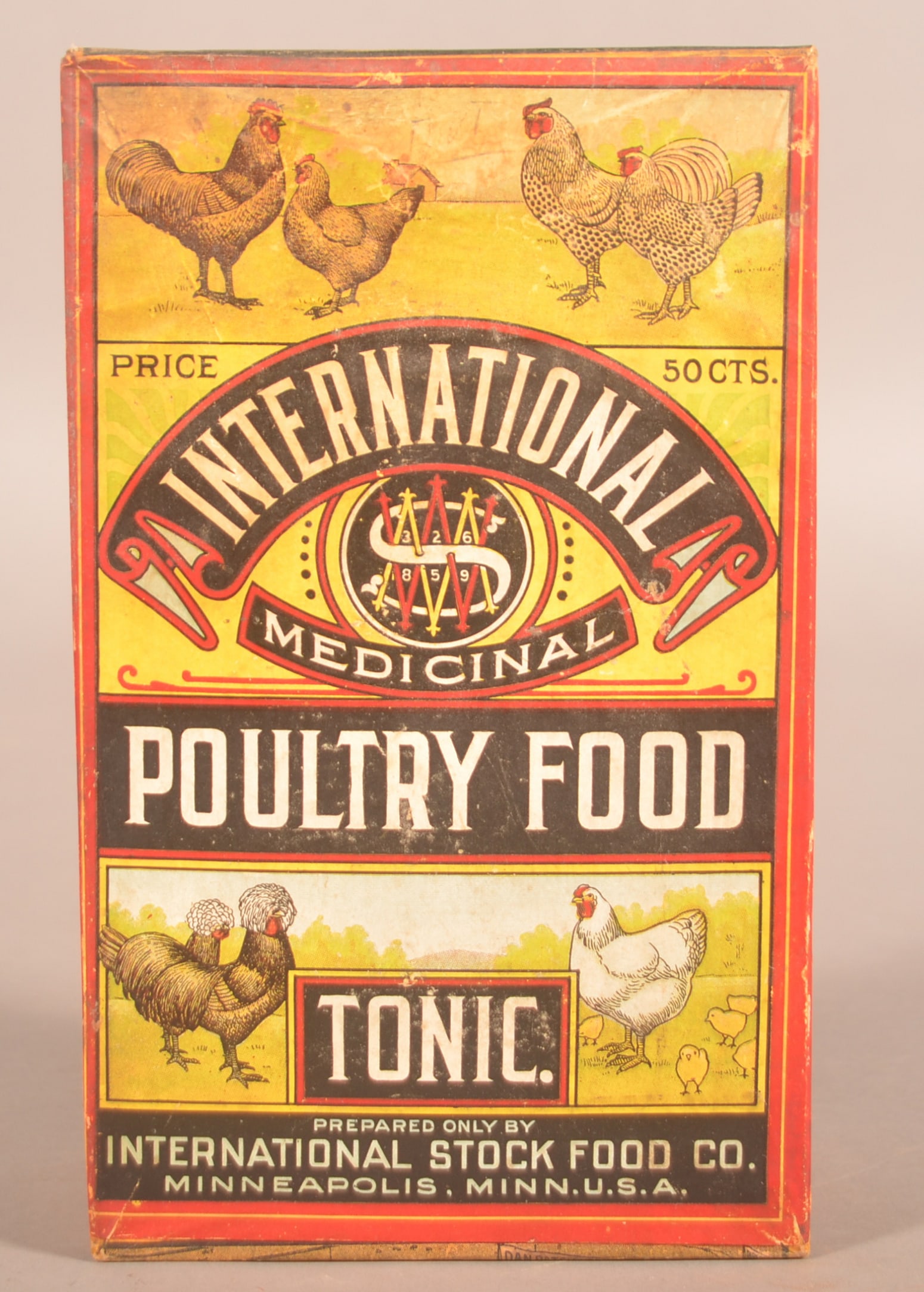 Large 50c International Poultry Food Unopened Box.: Great veterinary graphics from this large Minneapolis, MN company. Came in two different sizes, this being the larger. 9-1/2"H x 5-3/4"W x 3-1/4"D
