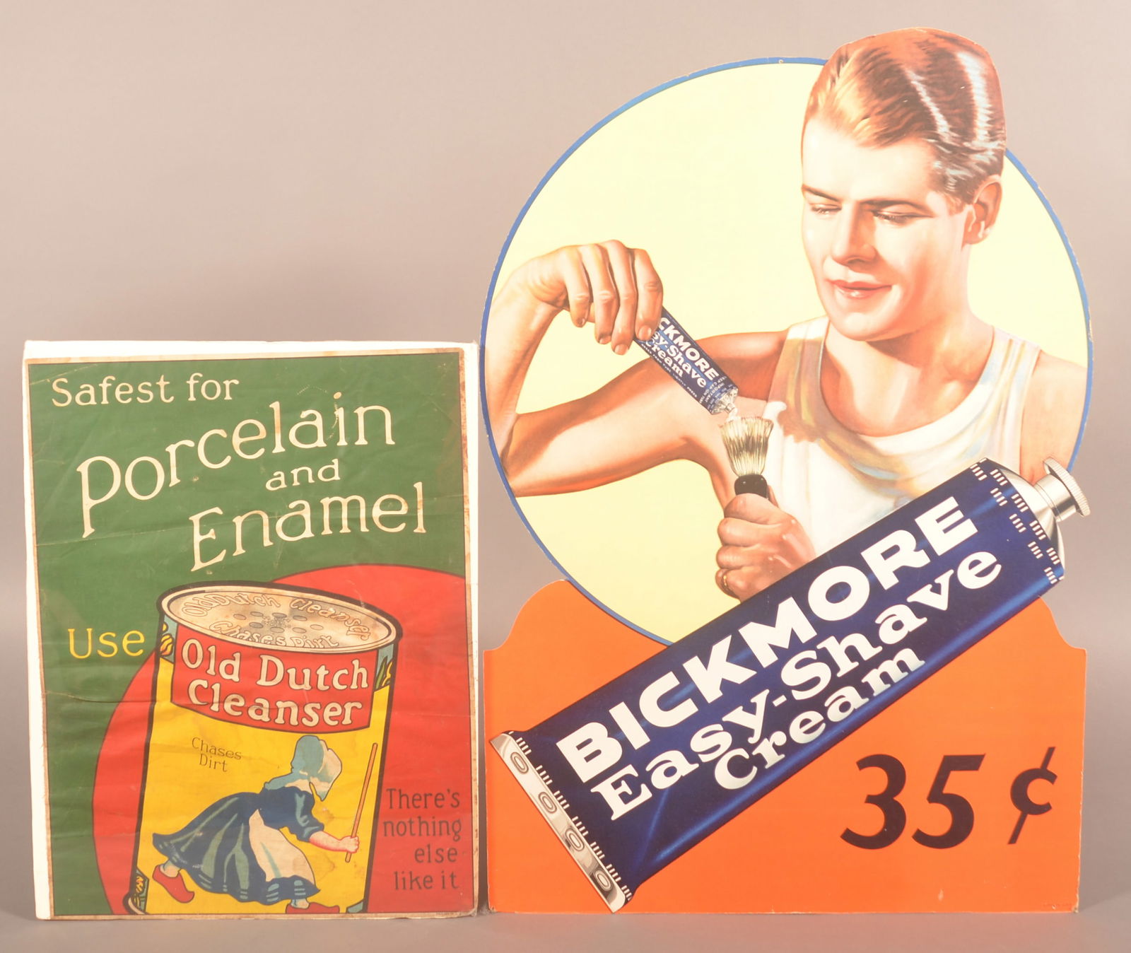 Bickmore Shave Cream Display & Dutch Cleanser Sign.: Great NOS easel-back cardboard display for Bickmore Shaving Cream and an early linen Dutch Cleanser sign in wonderful colors. Display, 30"H x 21"W