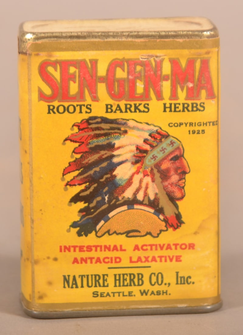 Sen-Gen-Ma Native American Chief Logo Tin.: Excellent colorful graphics from Nature Herb Co., Seattle, WA. Paper label-over-tin. Unopened. 3-1/4"H x 2-1/4"W