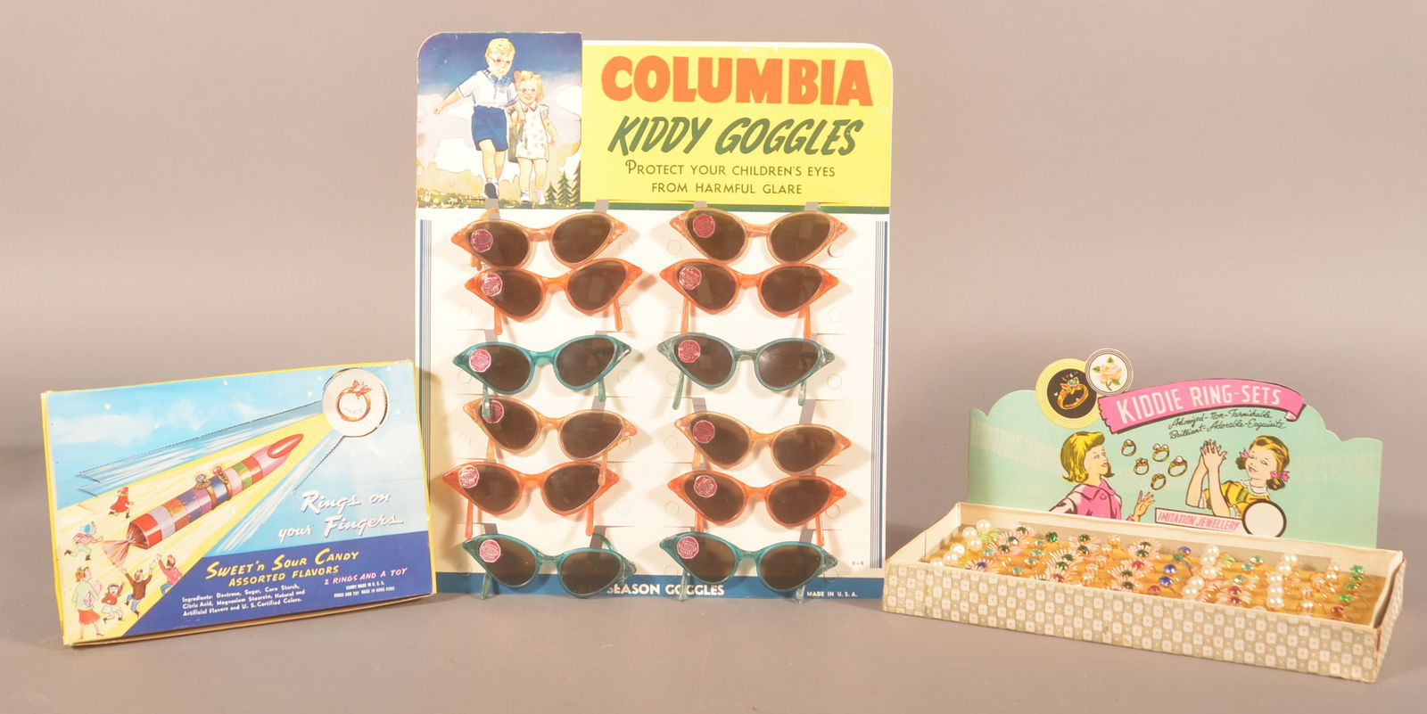 Three Vintage Drug Store Kids Displays.: For sunglasses and two for rings. Neat displays from the 1950s-1960s. Sunglass display, 14-1/2"H x 12"W