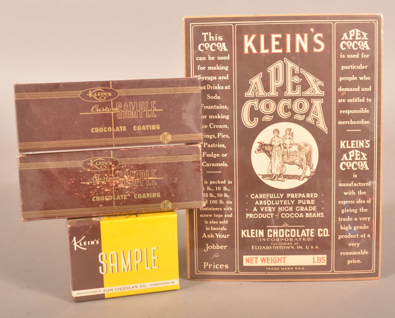 Three Klein's Sample Candy Boxes & Large Label.: Three difficult-to-find sample chocolate boxes and a very nice and graphic label from a shipping box. Provenance: James Hoffman Collection. Label, 11"H x 8"W