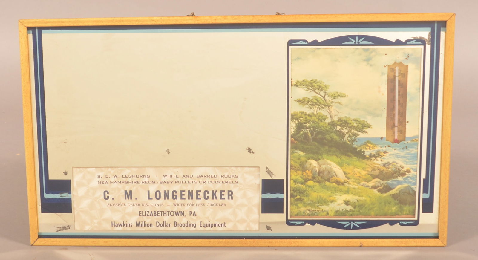 Vintage C. M. Longenecker Advertising Thermometer.: From Elizabethtown, PA. Combination mirror, sign and thermometer with various breeds of chickens listed. Provenance: James Hoffman Collection. 12-1/4"H x 22-1/4"W