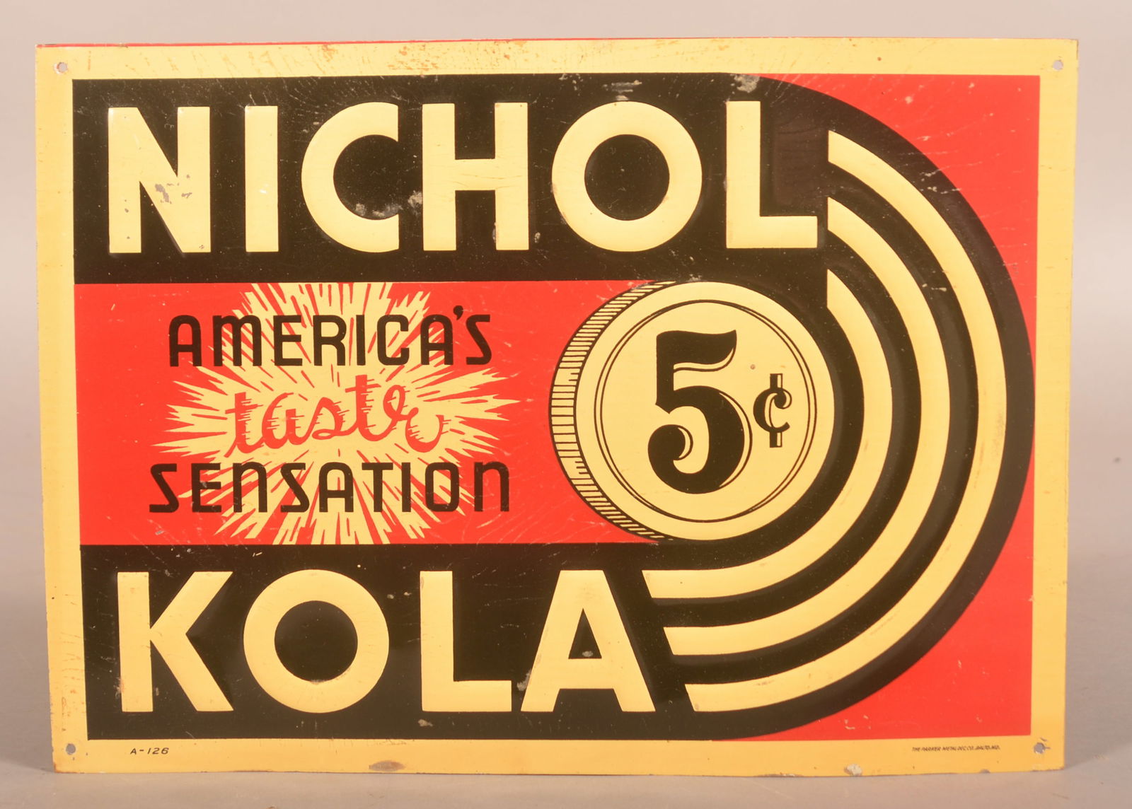 Embossed Nichol Kola 5c Beverage Sign. (1 of 2)