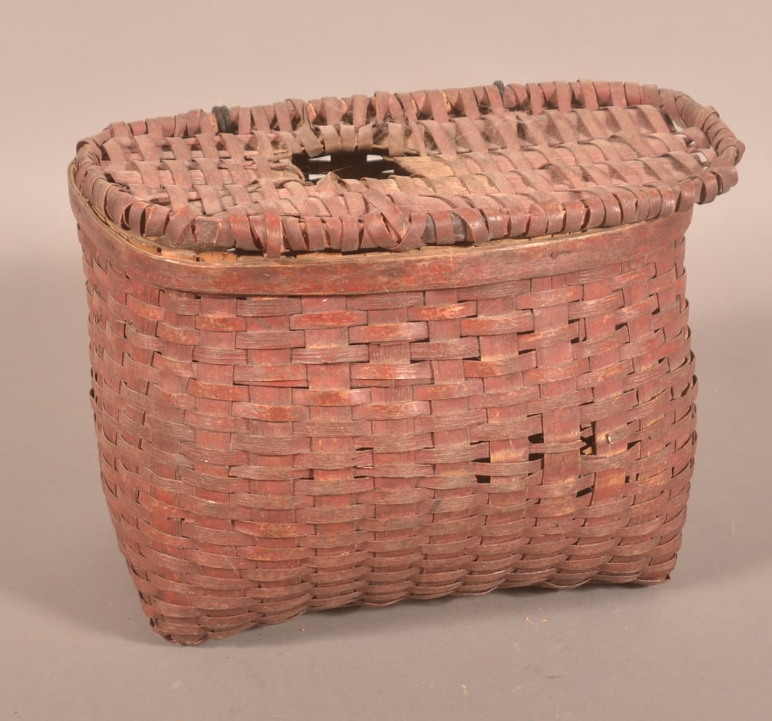 Original Red-Painted Split Oak Fishing Creel. (1 of 4)