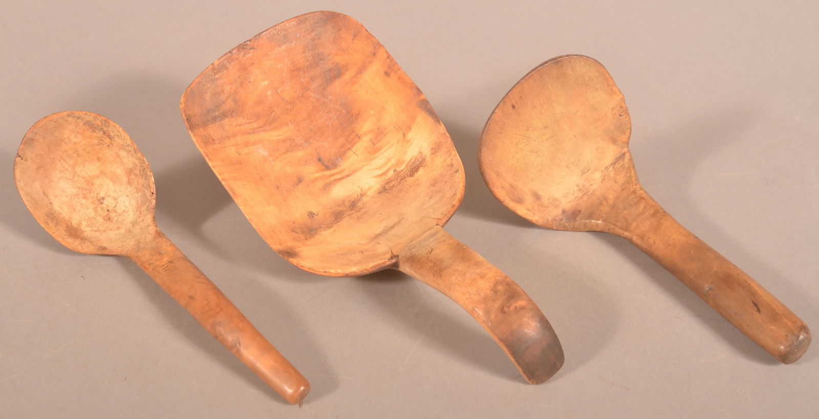 Three Early Burl Carved Ladles and Scoops. (1 of 2)
