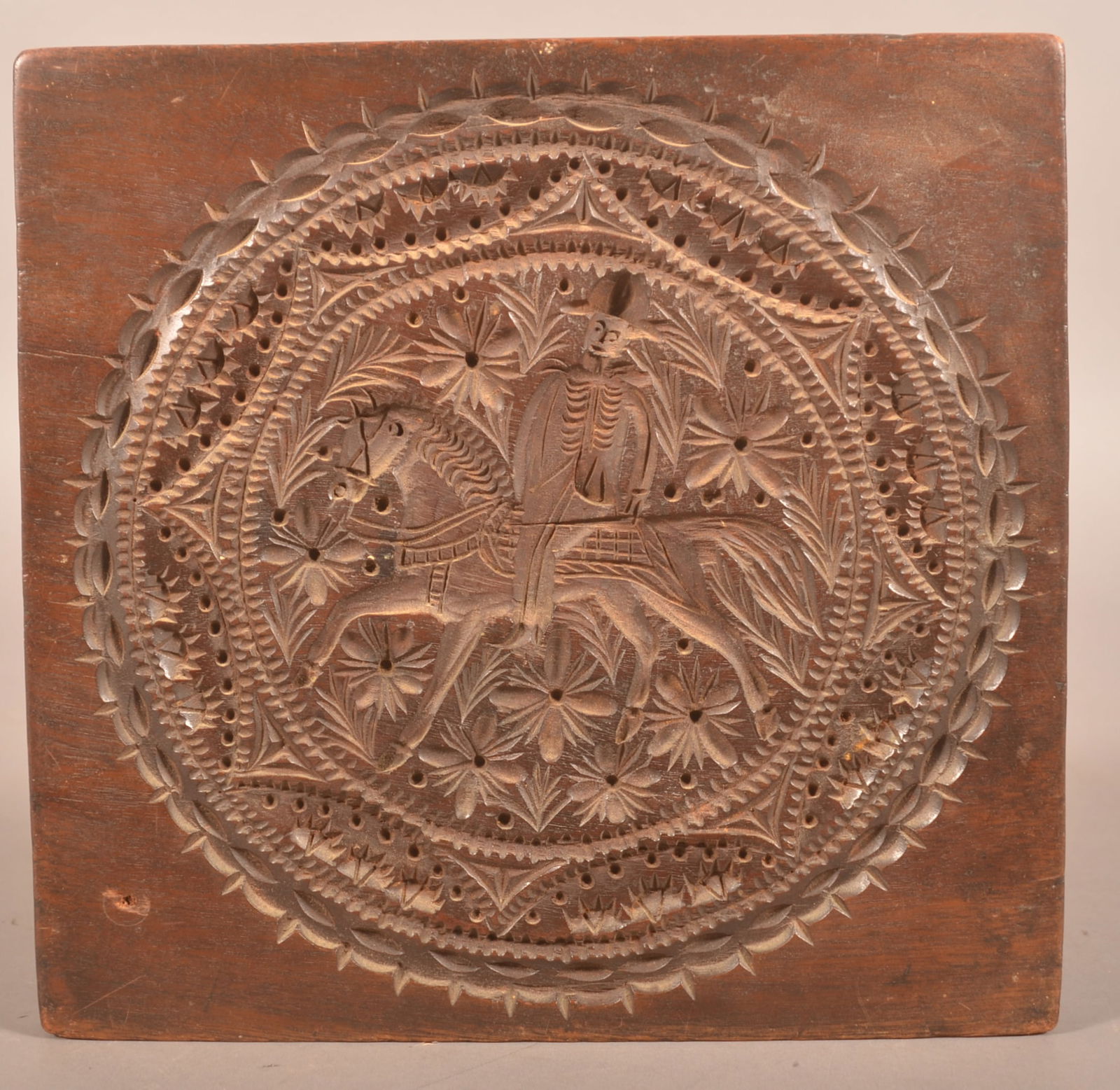 Walnut Washington On Horseback Springerle Mold.: Carved walnut board showing Washington or a Revolutionary War period officer on horseback springerle cookie mold. Wonderfully executed with excellent patina. 10-5/8"H x 11"W