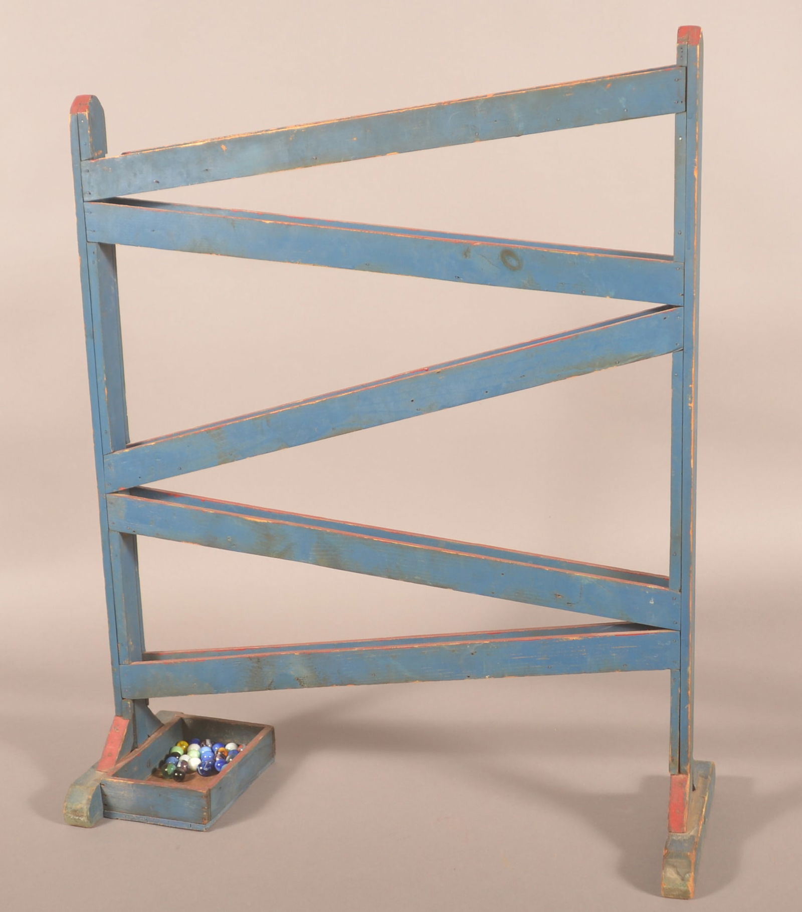 Tall Painted Blue & Red Wood Marble Roller.: Very nice tall version with it's own bag of marbles. Original paint. 1930s. 29-1/2"H x 23-1/2"L x 9"W