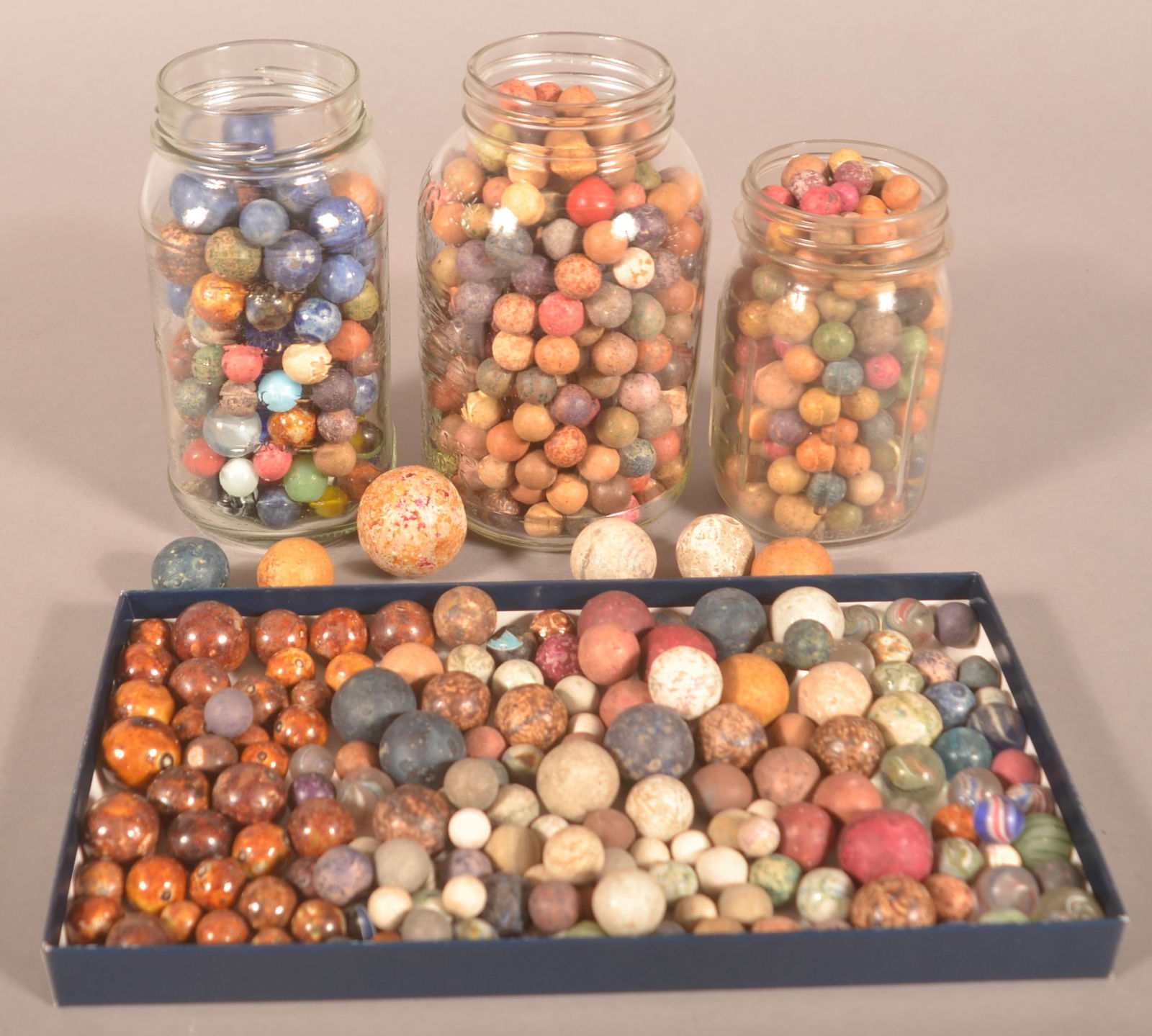 Large Collection Antique Clay Marbles.: Perfect for the previous three lots. Several Mason Jars and bags filled with a collection of clay and a few glass marbles in all different colors and sizes. Largest jar, 6-1/2"H x 4"D