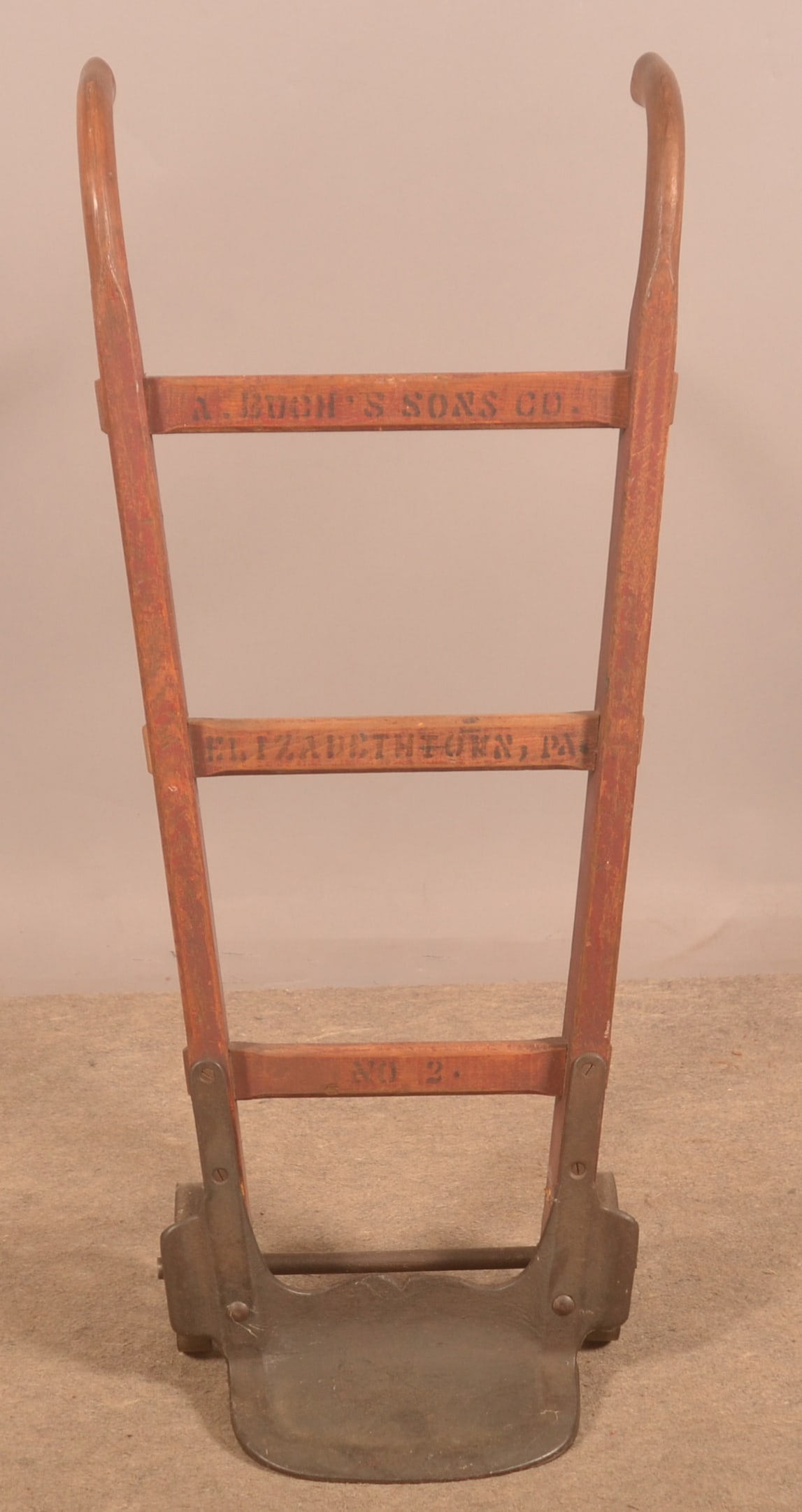 Buch & Sons Elizabethtown, PA No. 2 Bag Cart.: Original paint, pinstriping and stenciling on the front of each cross bar. Provenance: James Hoffman Collection. 41"H x 18"W