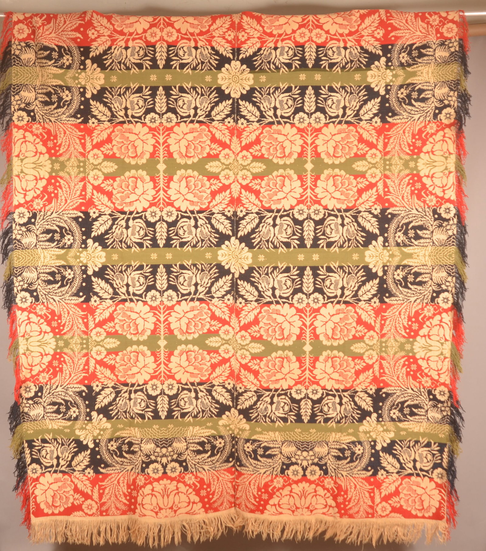 PA 4-Color Floral Pattern Woven Coverlet.: 2-piece, 1840-1860. Not signed, but has stenciled initials "E D W" at head of the coverlet. Fringe in very good condition. 82"W x 92"L
