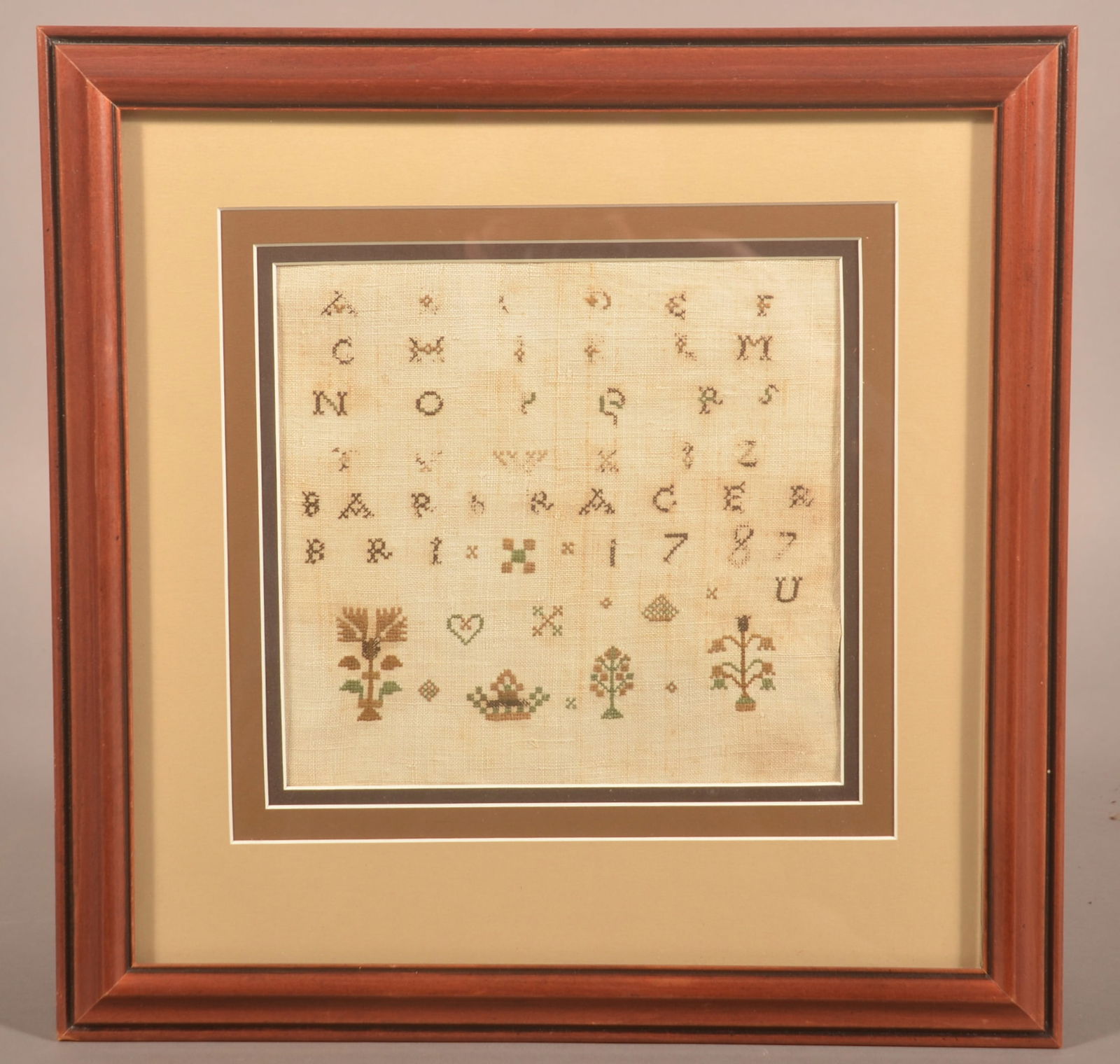 Signed & Dated 1787 Cross Stitch Alphabet Sampler.: Descended in a Lancaster County, PA family. Small schoolgirl alphabet sampler on linen, professionally framed. Name appears to be Barbra Cerbri. The last name Cerbrick is found later in the 19th centu