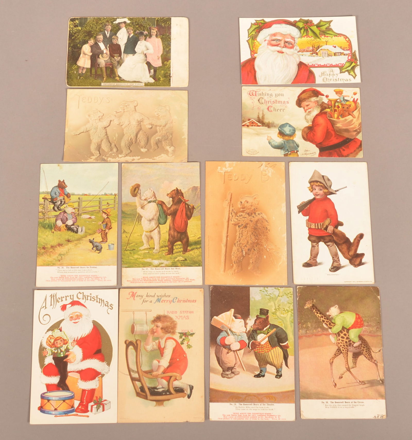 Small Group Christmas & Roosevelt Bears Postcards.: Nice little grouping including four Christmas cards, seven teddy bear cards and one postcard showing Teddy Roosevelt and his family. One Christmas card marked Ellen Clapsaddle. 5-1/4"W x 3-1/2"H