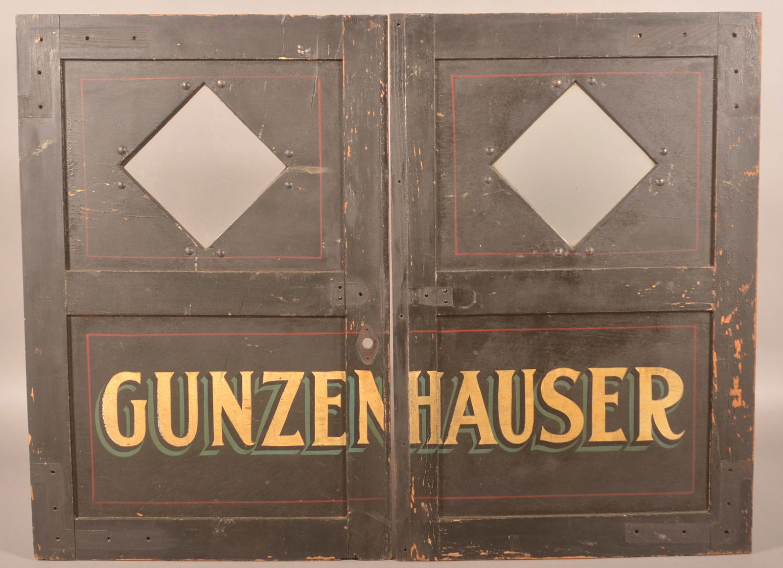Gunzenhauser Painted Doors for Delivery Wagon.: Beautifully done, early 20th century. A mate to the above lot and found separately here in Lancaster County. Glass windows are original. 31-1/4"H x 20 3/4"W