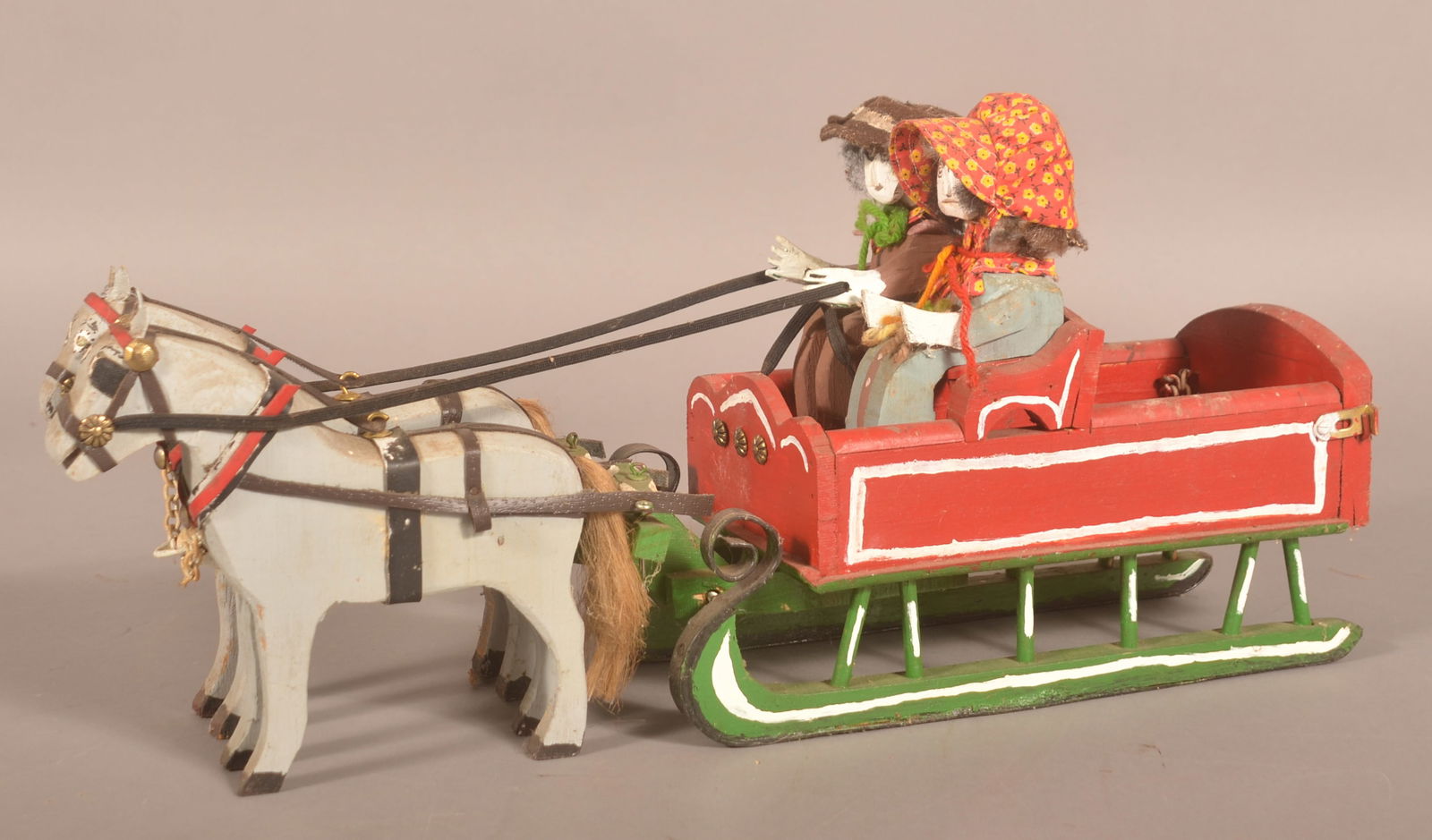 Luke W. Gottshall Folk Art Carved Sleigh & Horses.: Initialed on tailgate "L.W.G" with a tag signed by him and dated 1988. American carver (1899-1993), born in Berks County and lived in Northern Lancaster County, PA. Grandfather of well known artist Ba