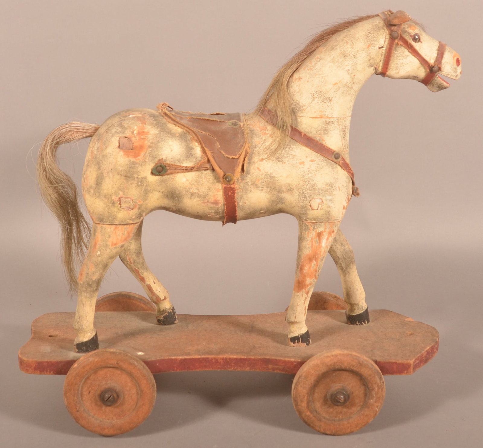 Antique Child's Painted Wood Horse On Wheels. (1 of 3)