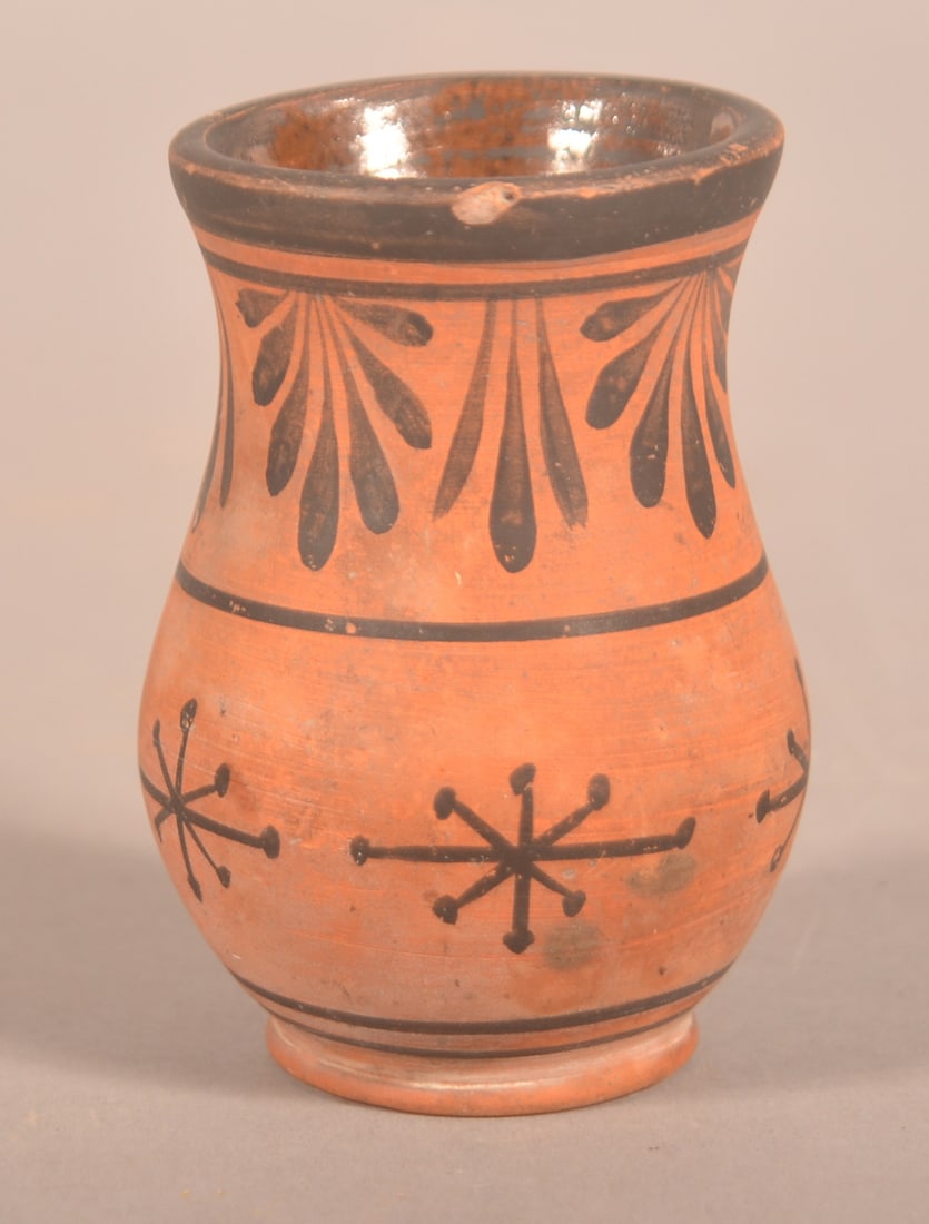 Charles Lawrence Pottery Redware Toothpick Holder.: Late 19th century done in the style of an ancient Greek urn. Much research has been done on this pottery which was located in Beverly, Massachusetts by Justin Thomas. 3-1/8"H