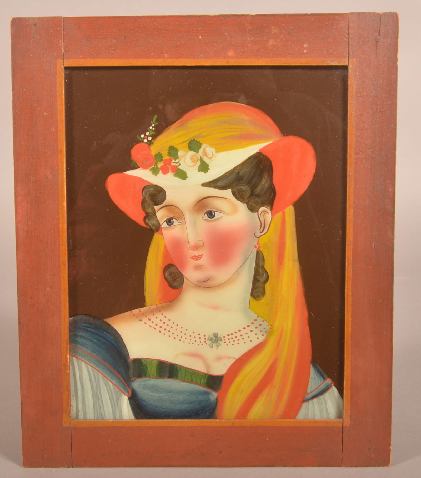 Excellent 19th C. Reverse-Painted Woman On Glass. (1 of 2)